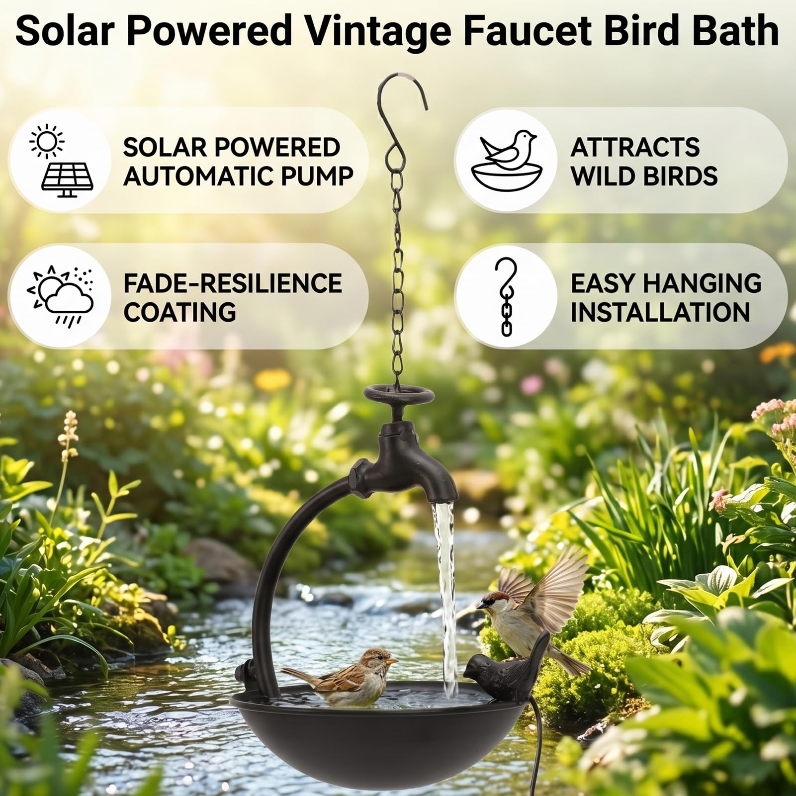 Luocute Fontana per Vasca per Uccelli Ad Energia Solare, Rubinetto Dal Design Vintage con Vasca in Ferro Antiruggine, Attira gli Uccelli Selvatici per la Mangiatoia Sospesa per Patio,