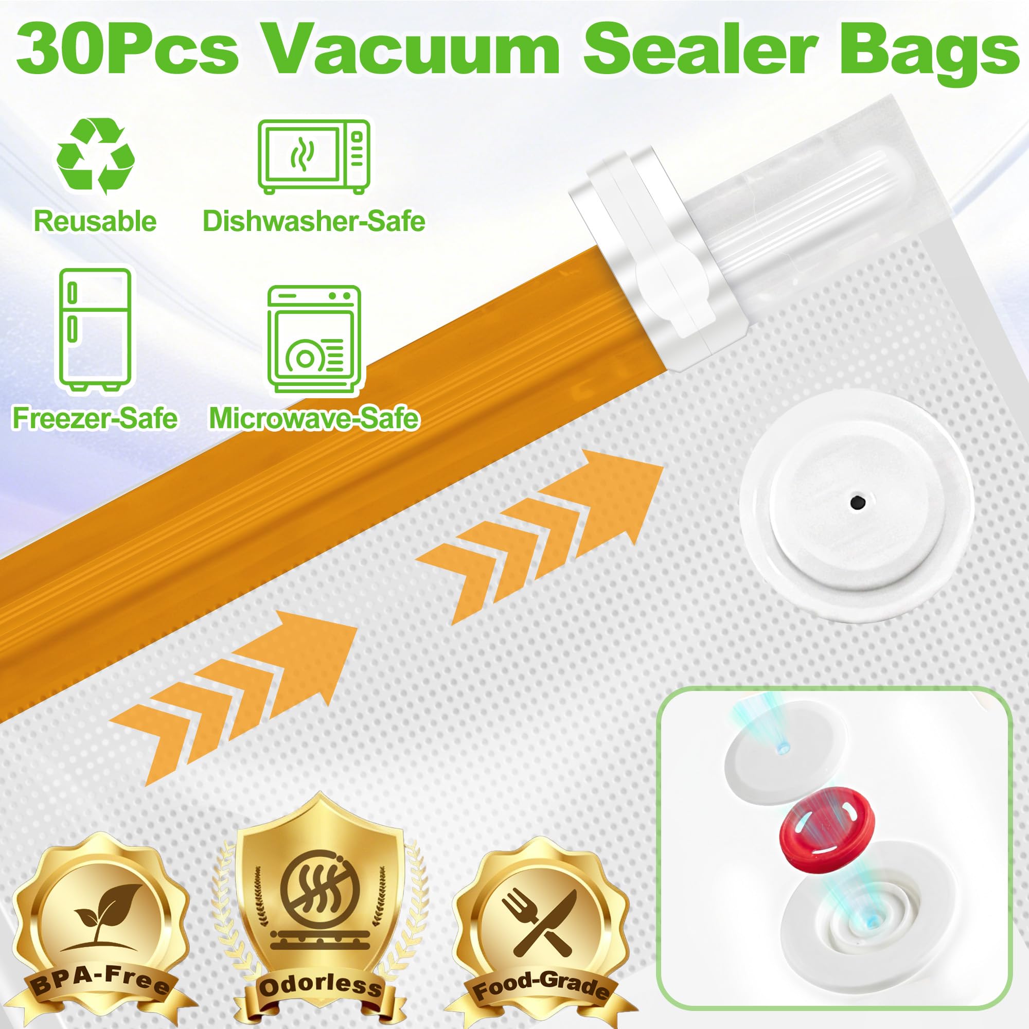 JUNEU Sigillatrice sottovuoto compatta per alimenti + 30 sacchetti sottovuoto riutilizzabili, macchina per sottovuoto portatile, doppia compatibilità, display LED, rilevamento ingresso liquidi