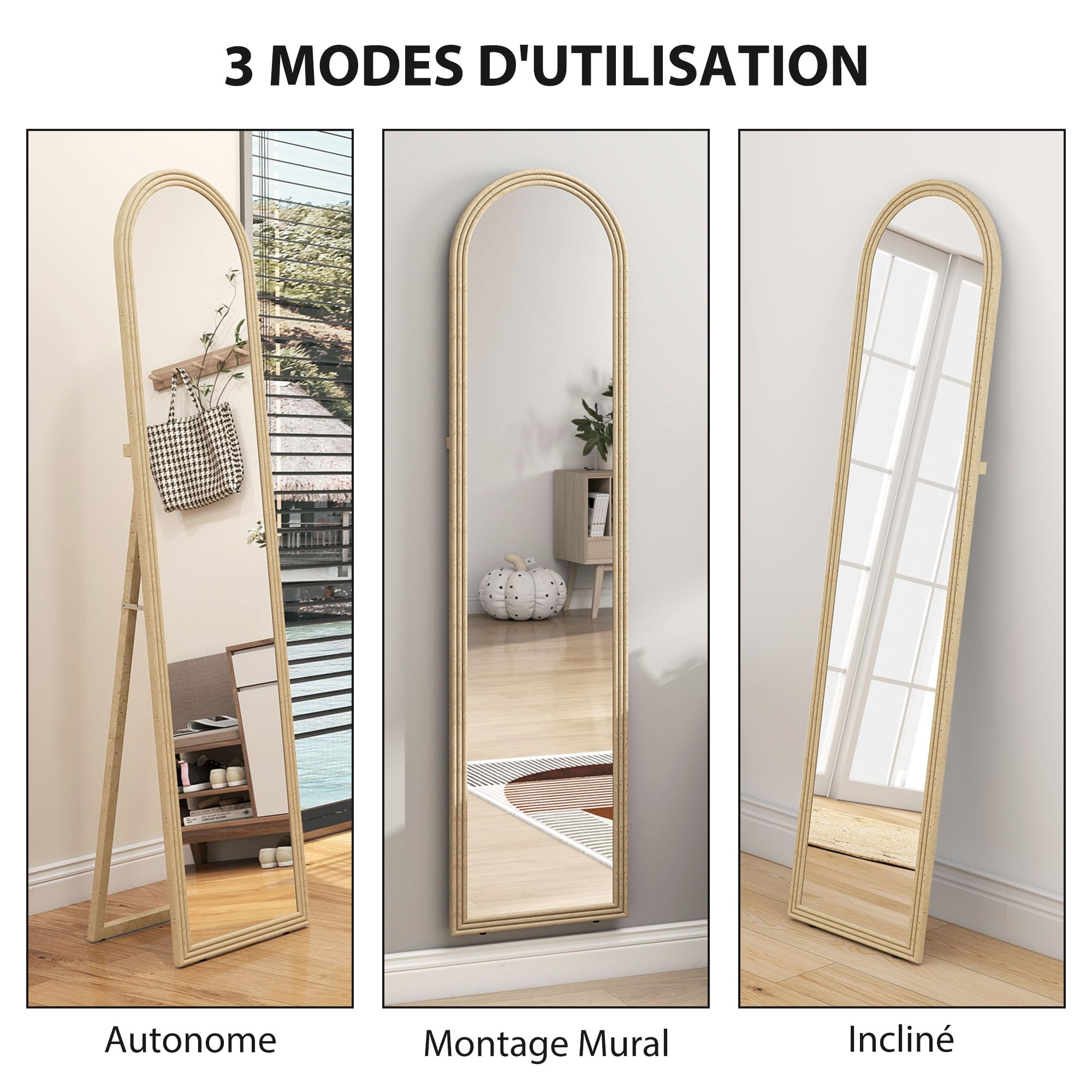 HOMCOM Miroir de Sol arqué Pleine Longueur 40 x 160 cm sur Pied, Beige