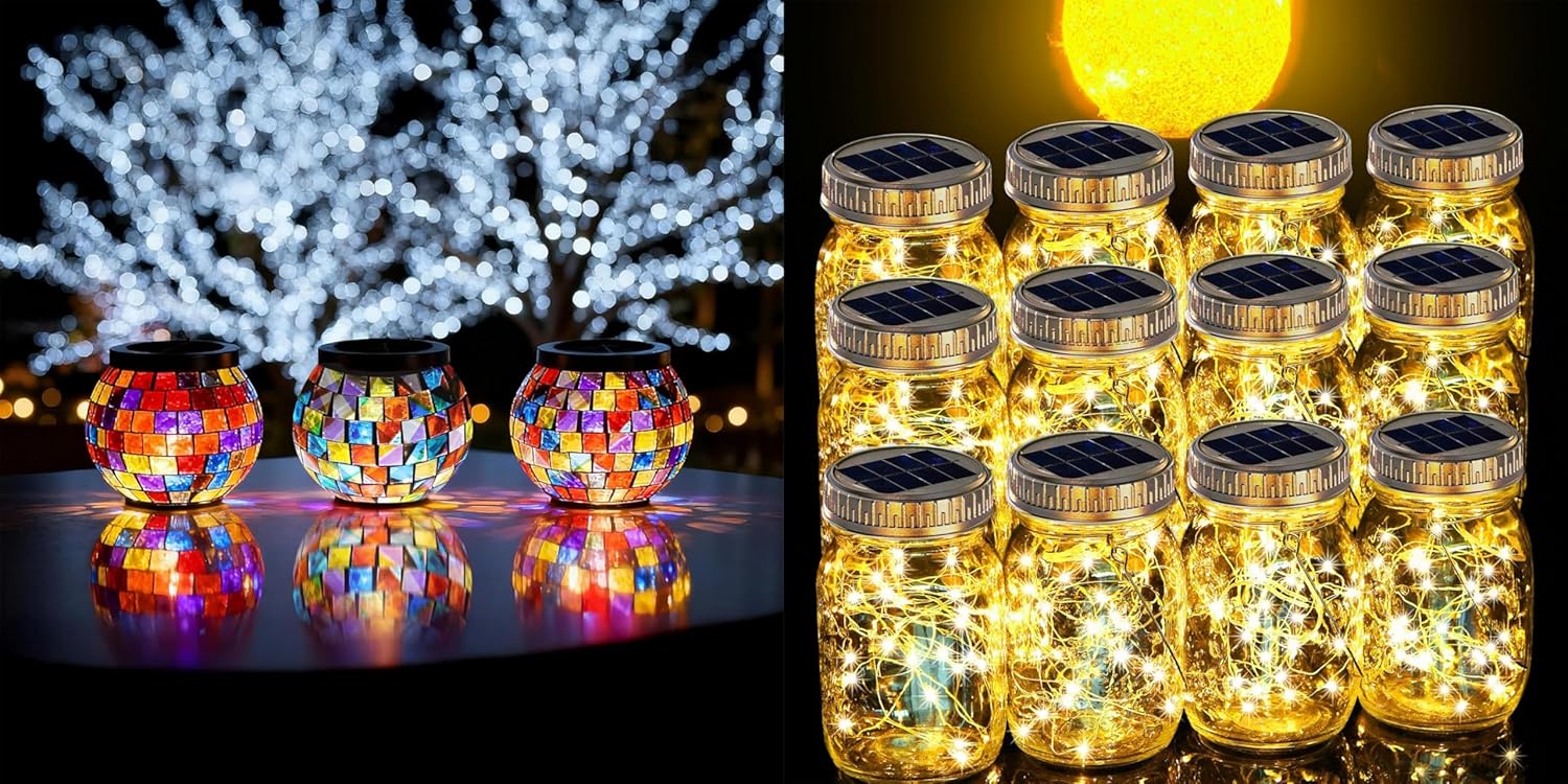 Cooo Garden Lantern Bundle — 12 Pack Mason-Jar Lanterns +2 Pack Mosaic Lanterns