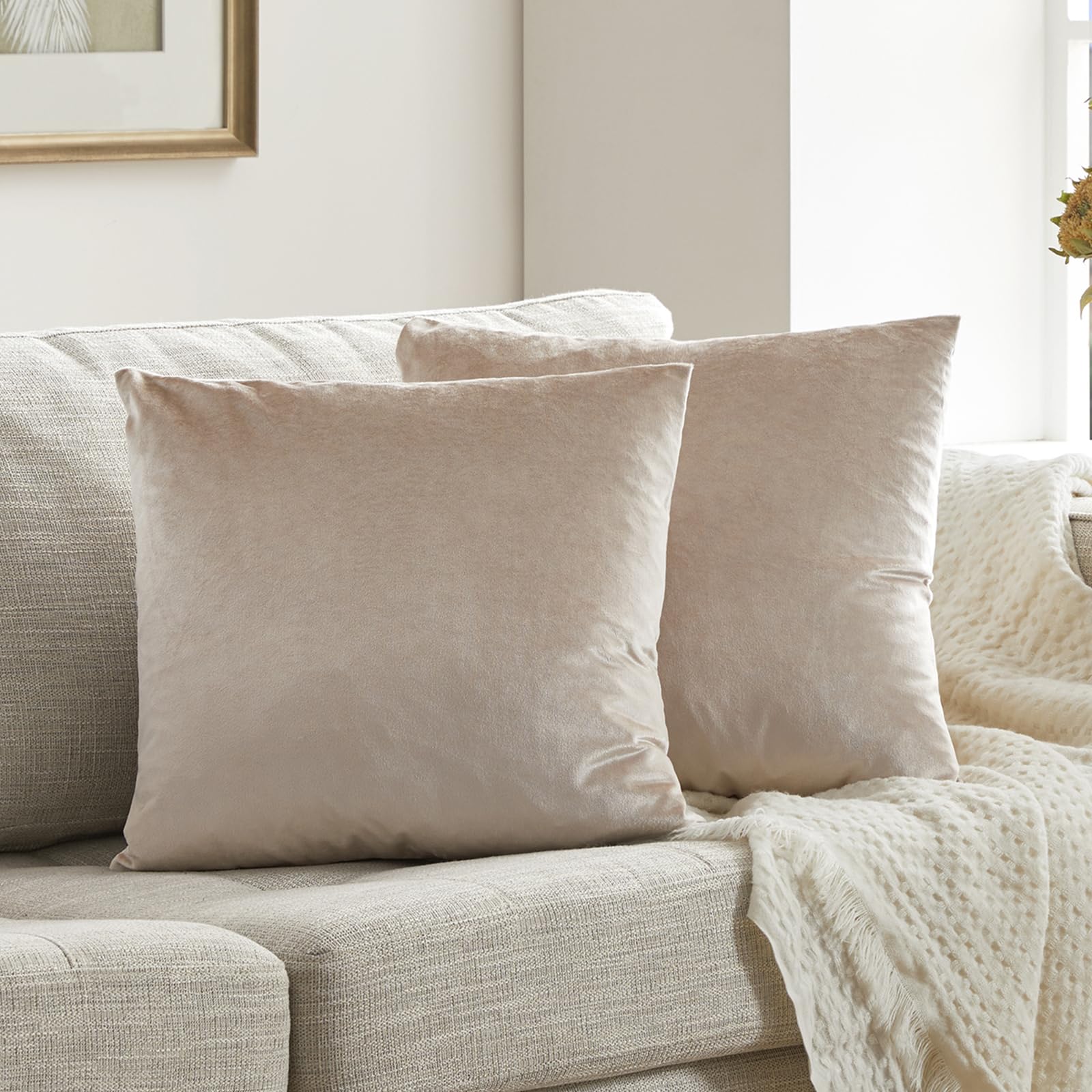 GIGIZAZA Decorative Pillow Covers 16x16 Inch Set of 2 Khaki Champange Square Couch Pillow Covers Velvet Sofa Boho Pillow Covers