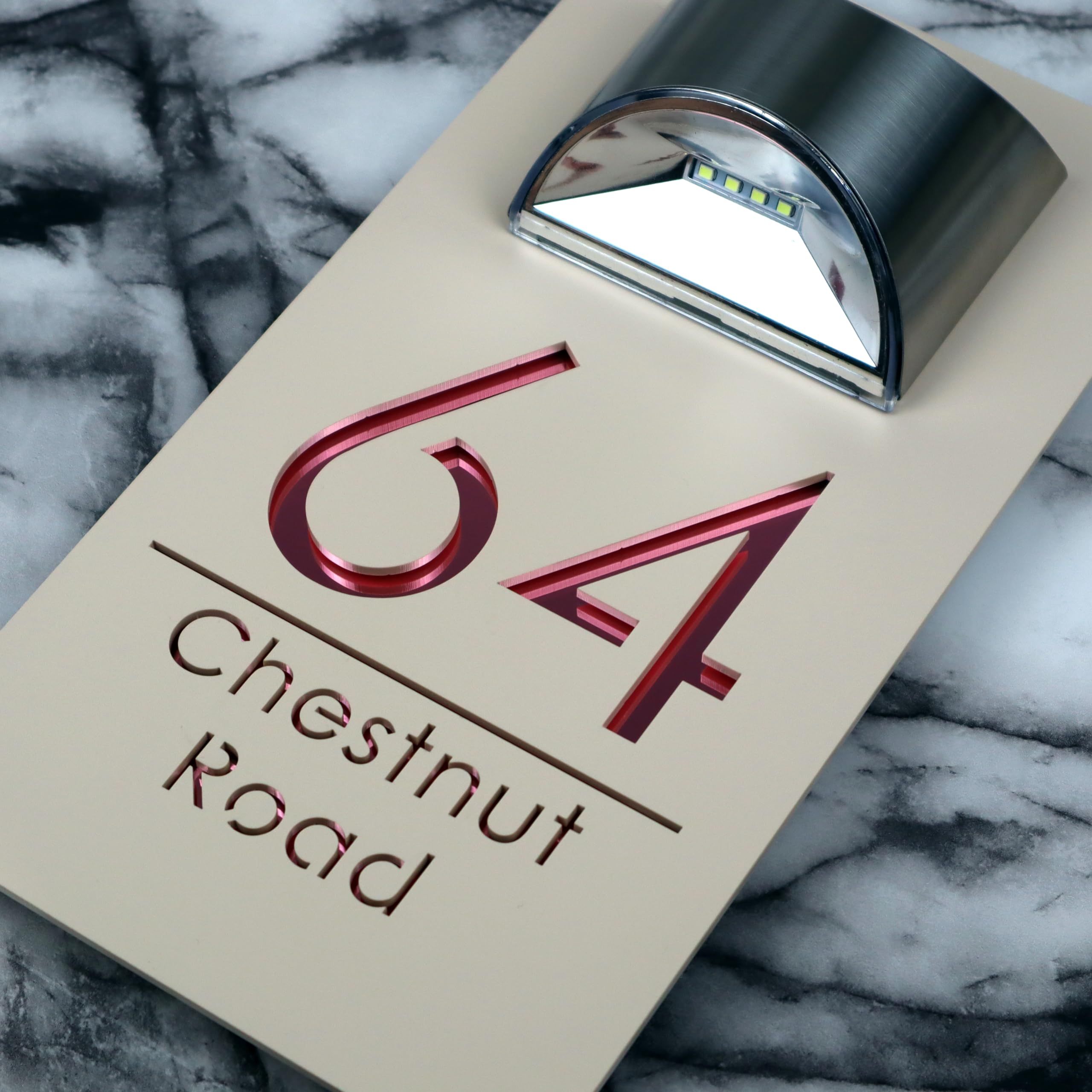 K Smart Sign | Bellissima LED F31 | House Numbers Plaques With Solar Light House Signs Door Number Plaques For Wall House With Light Name Plaques For Outside (Matt Cream & Rose Gold Mirror)