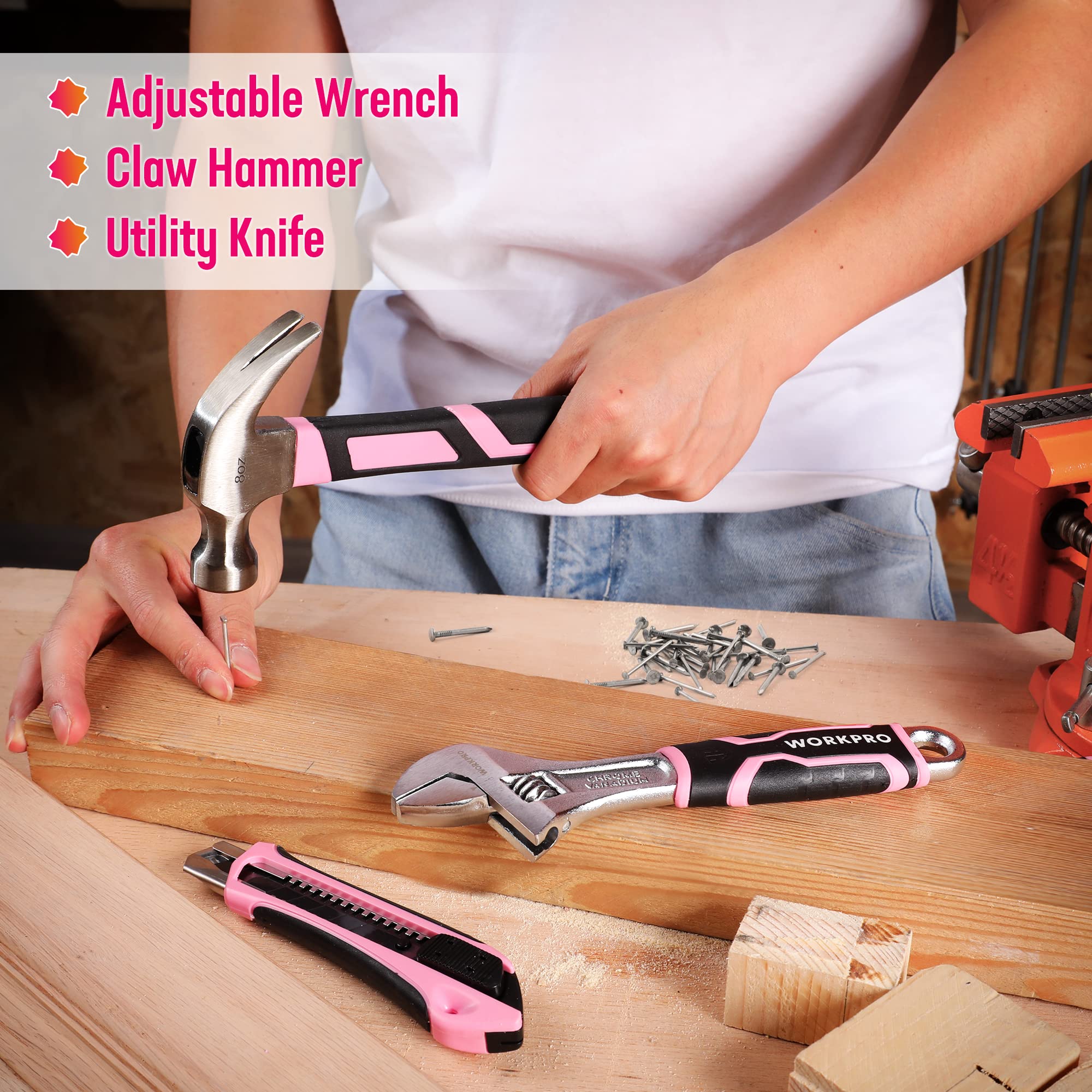 WORKPRO 73 pezzi Set di strumenti con 3.7V Cacciavite a batteria, Set Attrezzi Uso Riparazione e Lavoro con Pinza, Coltello, Cacciavite, Chiavi, Livella in Rosa
