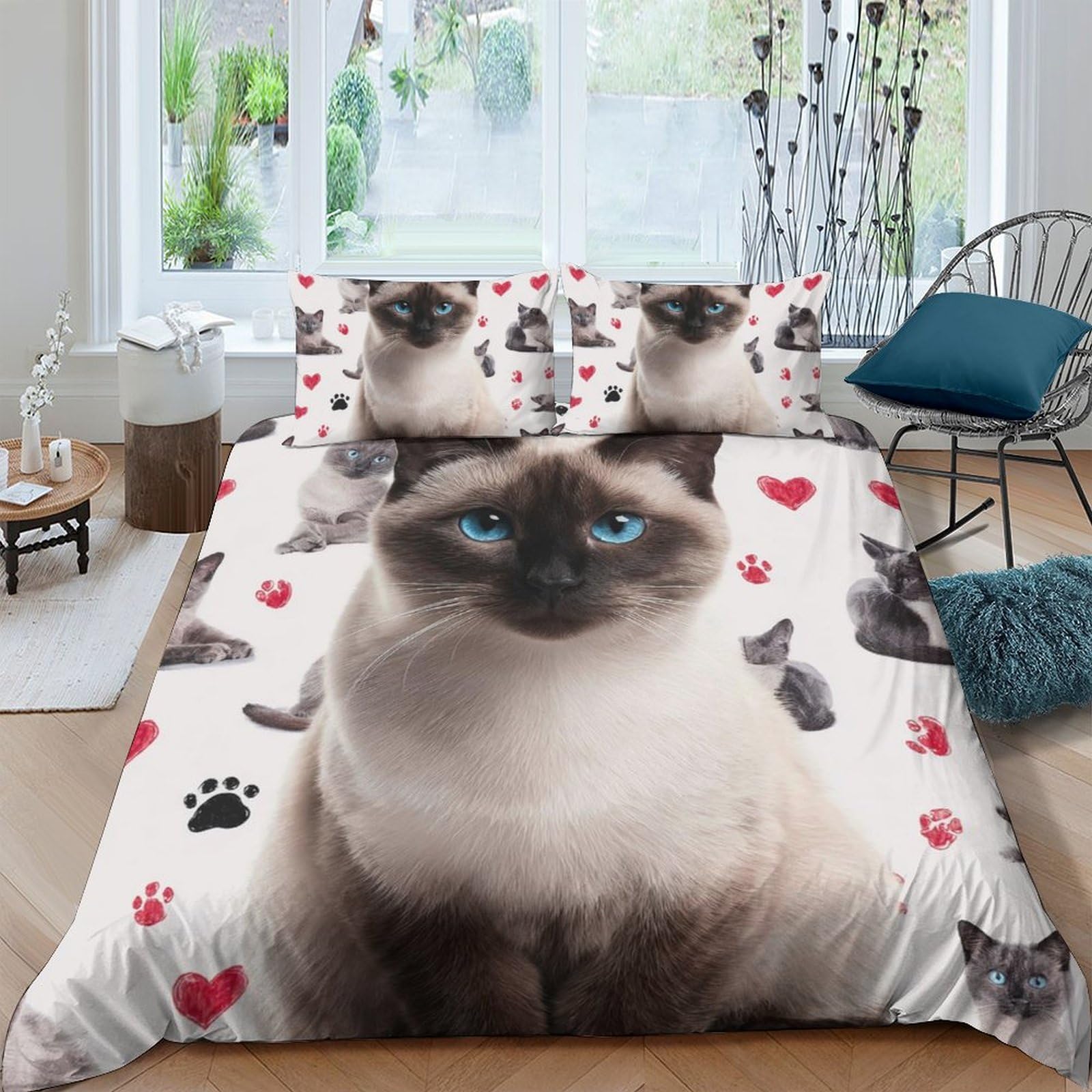 Ctjqhvkz Style-7 3D Printed Siamese Cat Fitted Sheet Microfiber Soft Breathable Heart Paw Print Bed Cover Bedroom Dorm Mattress Protector Single（135X200cm）