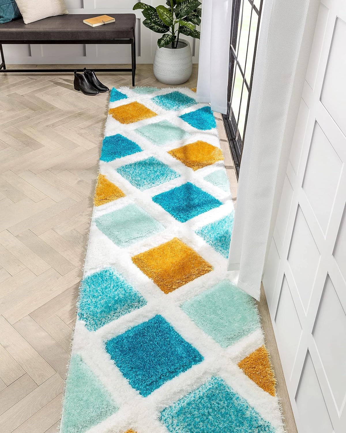Mukhlis Fluffy Shaggy Carpet Runner 2x5 Feet | Modern Diamond Geometric Rug | Soft & Thick Fur Area Mat for Hallway, Bedroom, Living Room | Multi-Color (Aqua Blue, Yellow, White) Washable Home Decor-image-30