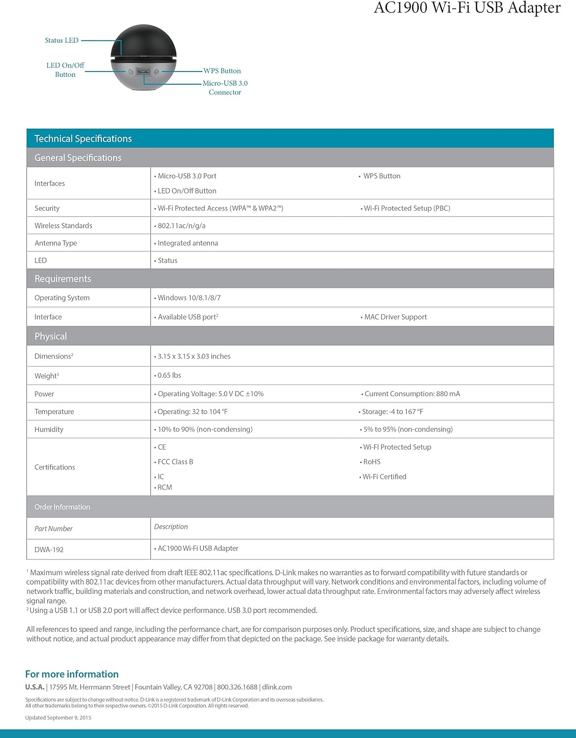 D-Link DWA-192 AC1900 USB WiFi Adapter technical specifications page