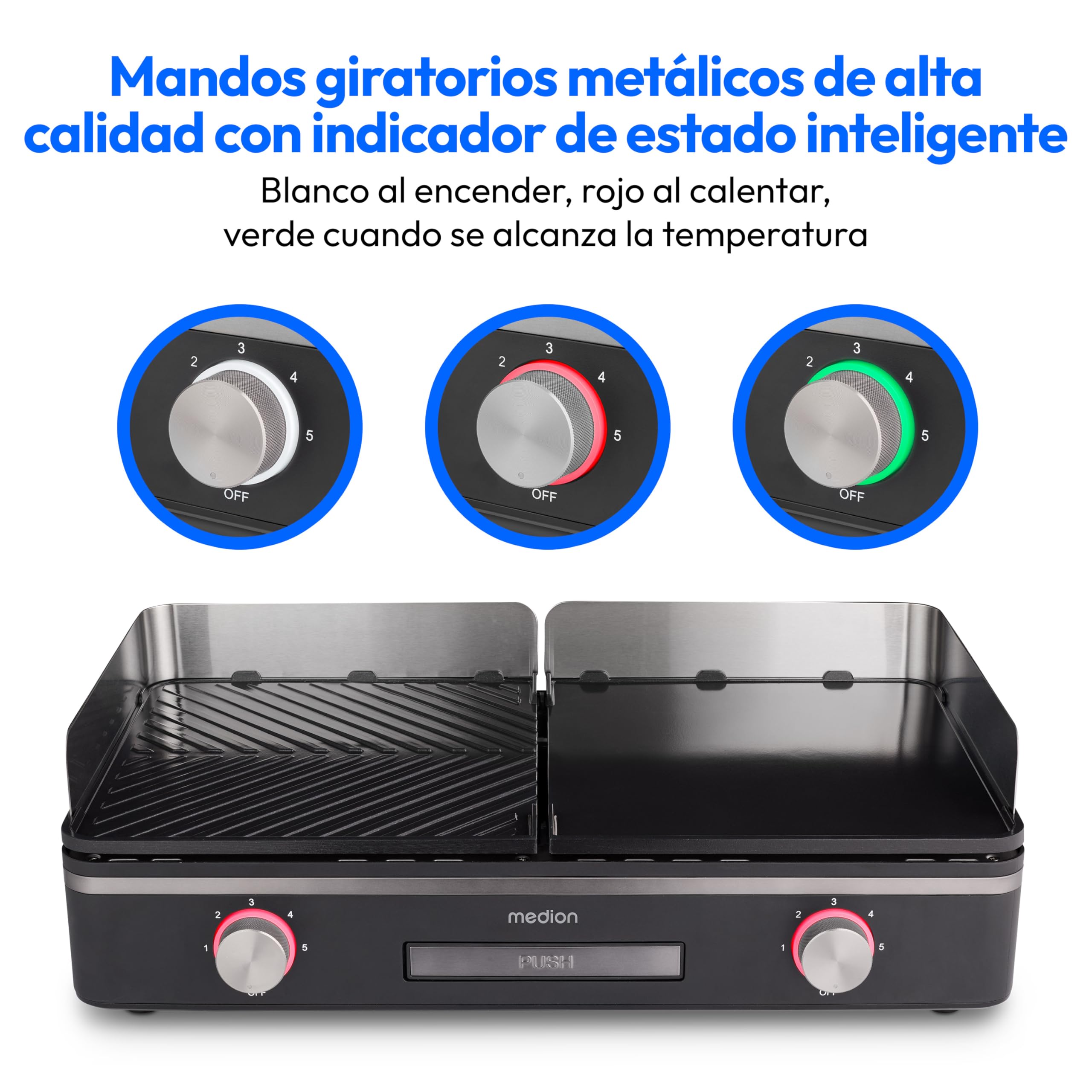 MEDION Parrilla de mesa con sistema de doble zona (2400 W, 2 placas desmontables, control de temperatura individual, indicador LED, protección IPX4), MD12027