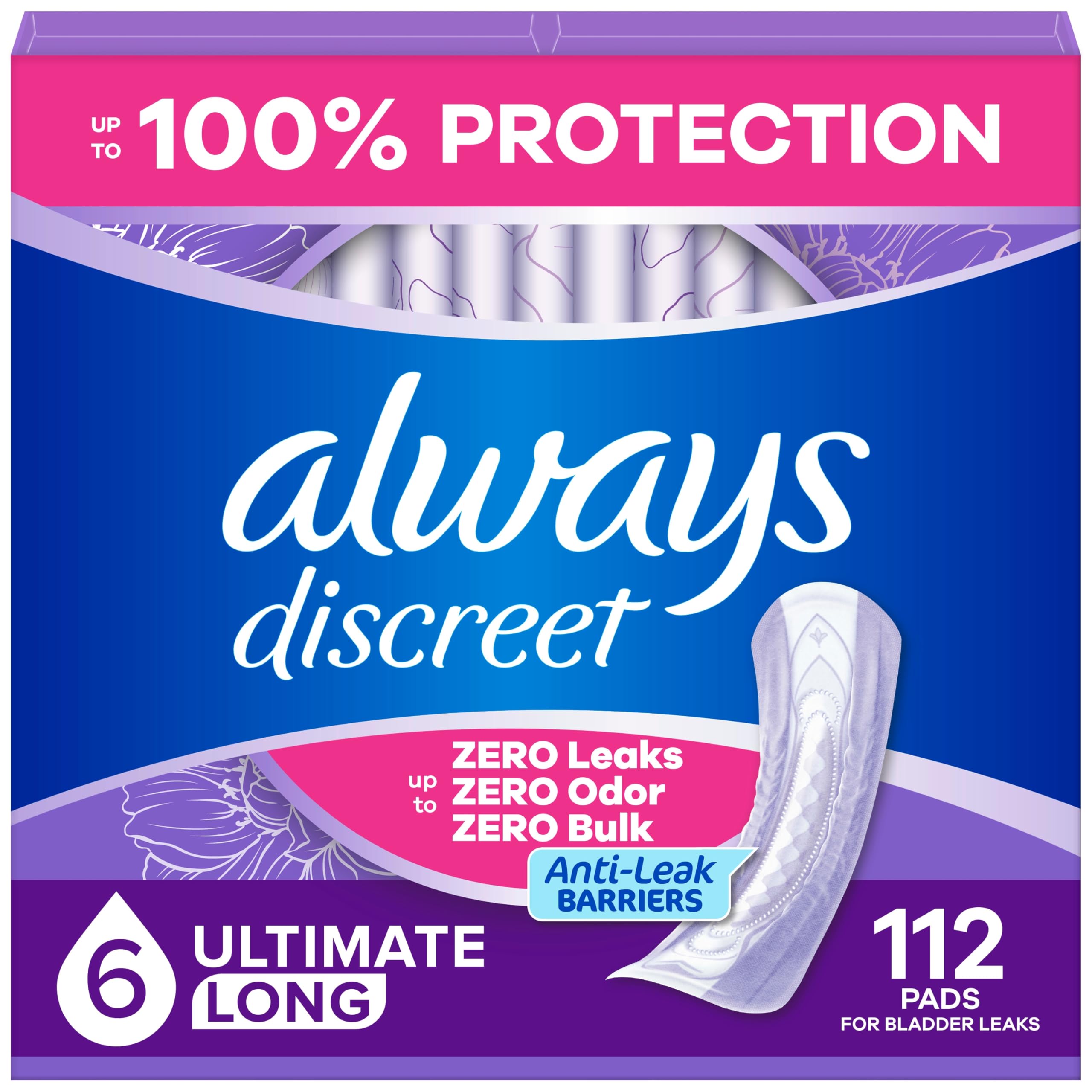 Photo 1 of Always Discreet Adult Incontinence Pads for Women, Drier, 6 Drop Long Length, Extra Heavy Absorbency, Pads for Bladder Control Management, Bladder Leaks, & Postpartum Pads, 112ct