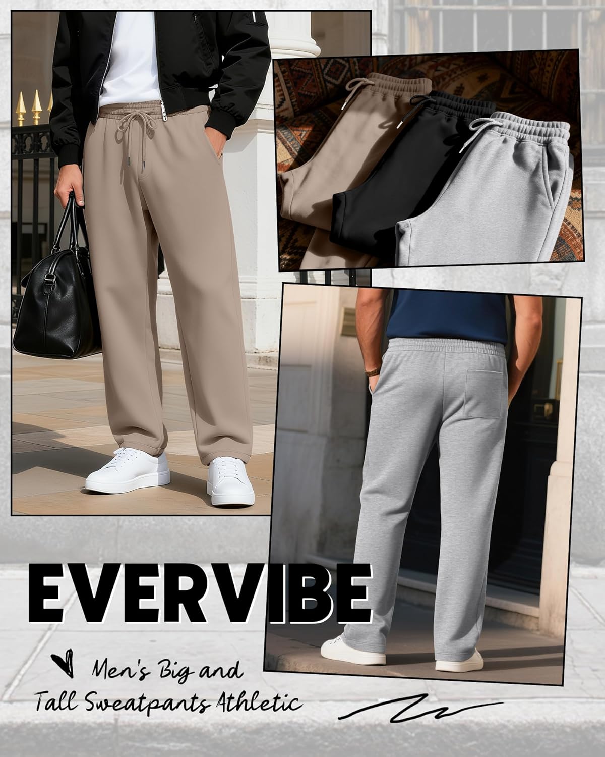 Evervibe 3 Pack Men's Big and Tall Sweatpants Athletic Workout Lounge Pants Plus Size Drawstring Joggers with 3 Pockets