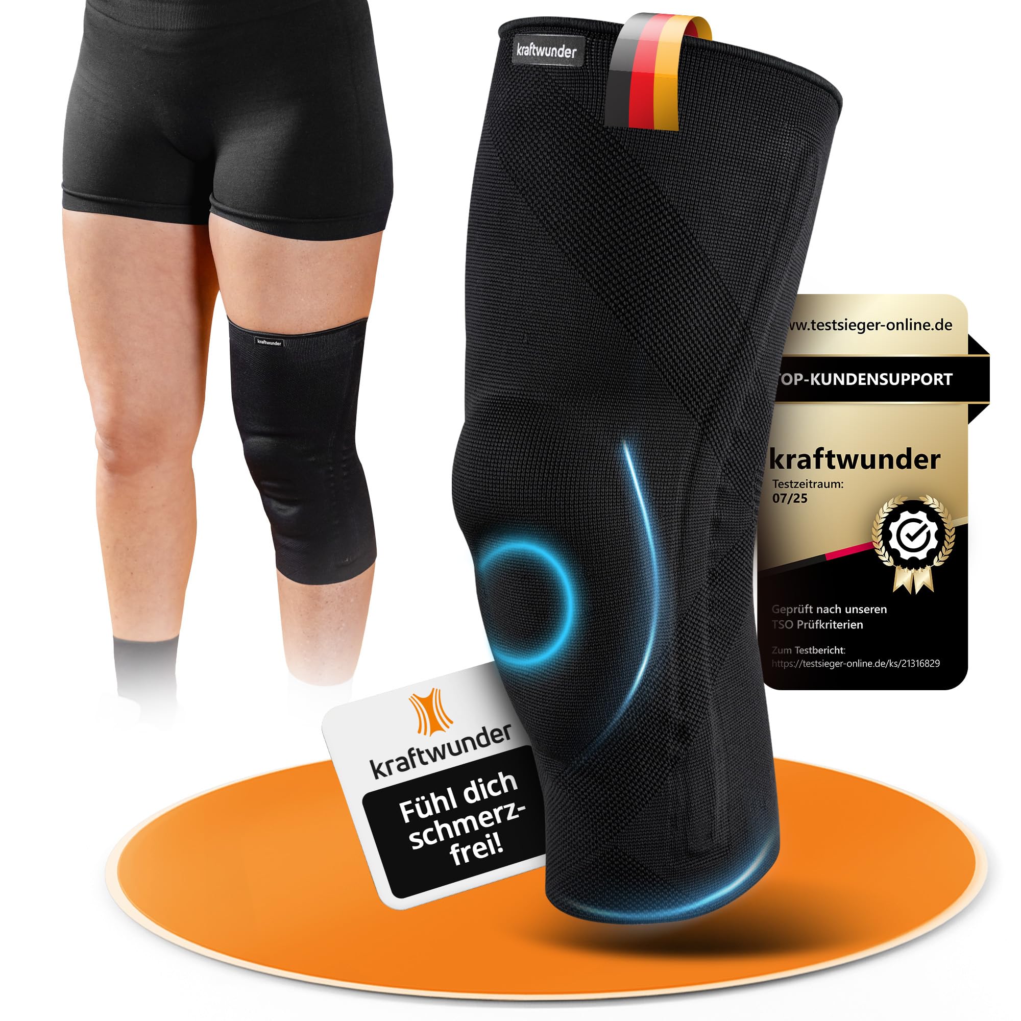 kraftwunder Kniebandage Männer & Damen | Made in Germany | mit Patella-Pad & Seitenstabilisatoren | Kniebandage für Sport, Joggen & Alltag (Schwarz, XS)