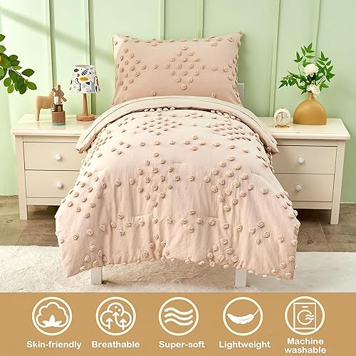 Miniatura 2 de Juego de ropa de cama de 4 piezas para niñas pequeñas de jacquard beige con pompones, bordado, bohemio, con lunares copetudos, juego de edredón para