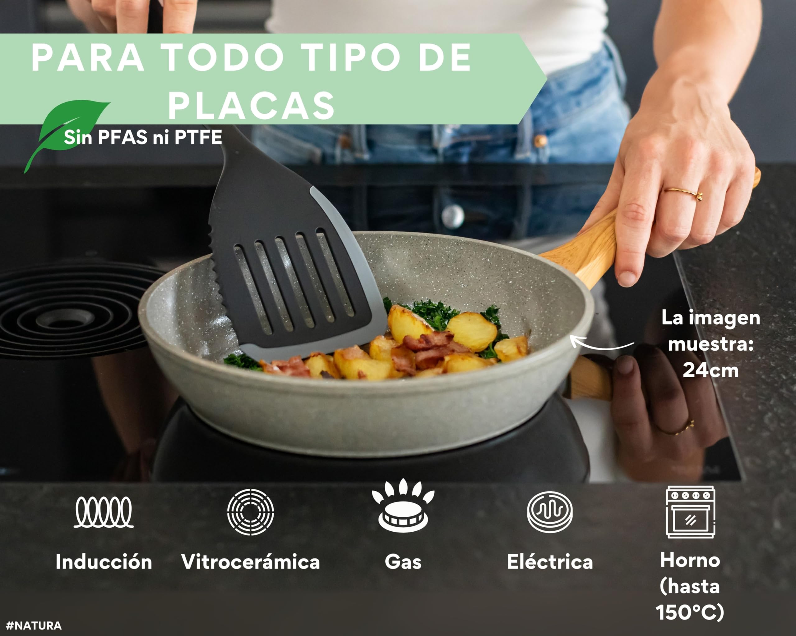 DIVORY Sartén cerámica 24cm - para placa de inducción, sin PFAS ni PTFE, con revestimiento, apta para horno y lavavajillas, (Natura, 24 cm)