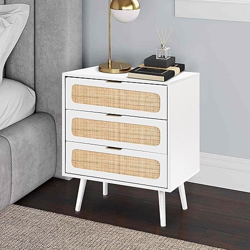 Miniatura 23 de RARZOE 2 juegos de mesitas de noche de ratán, cómoda de 3 cajones, armario de almacenamiento de madera, unidad organizadora para dormitorio, sala de