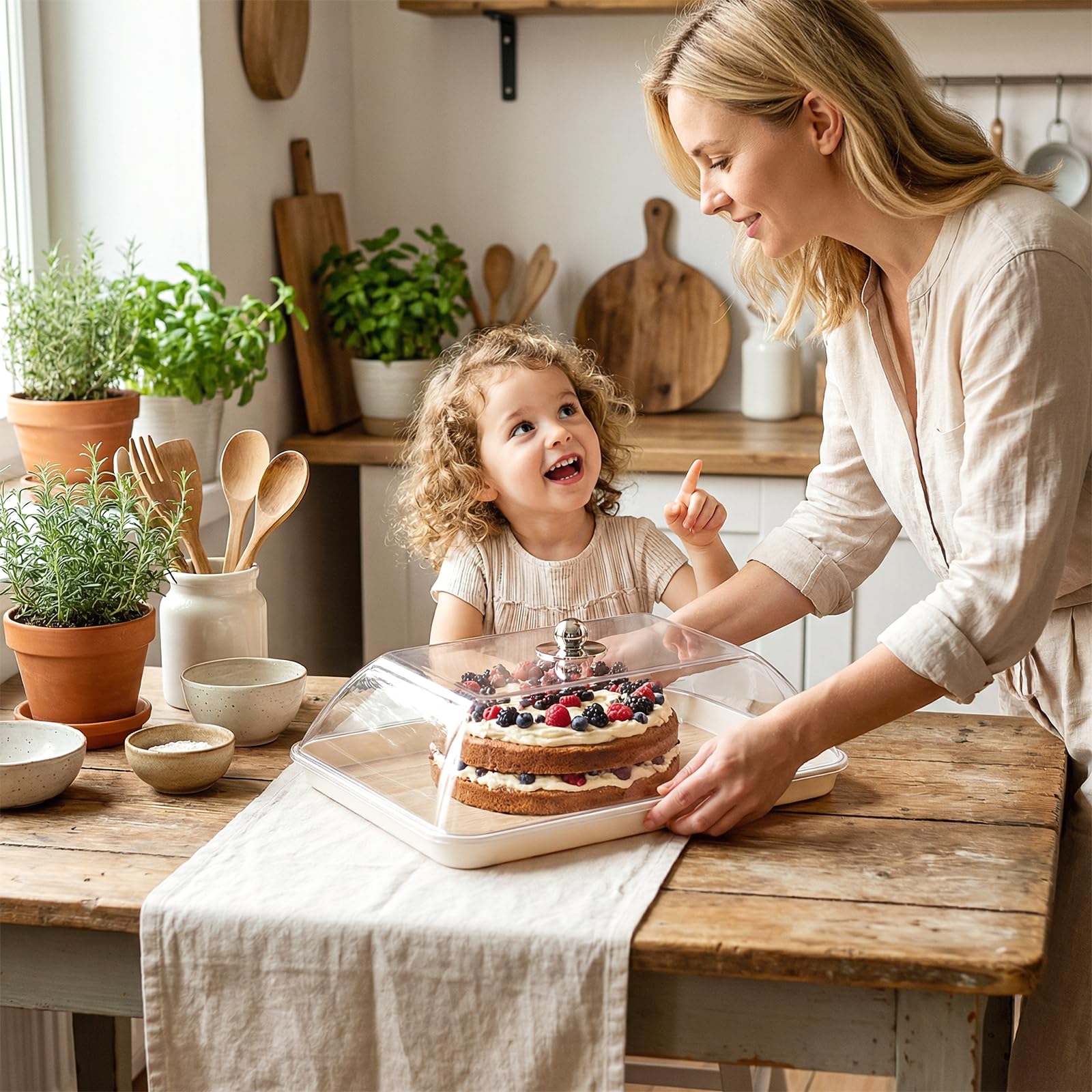 perfk Présentoir à Gâteaux avec Cloche, Cloche à Gâteau avec Base en Bois, Plateau de Service et Support à Gâteaux, Cloche en Verre Transparent pour Desserts, Présentoir à Biscuits, L