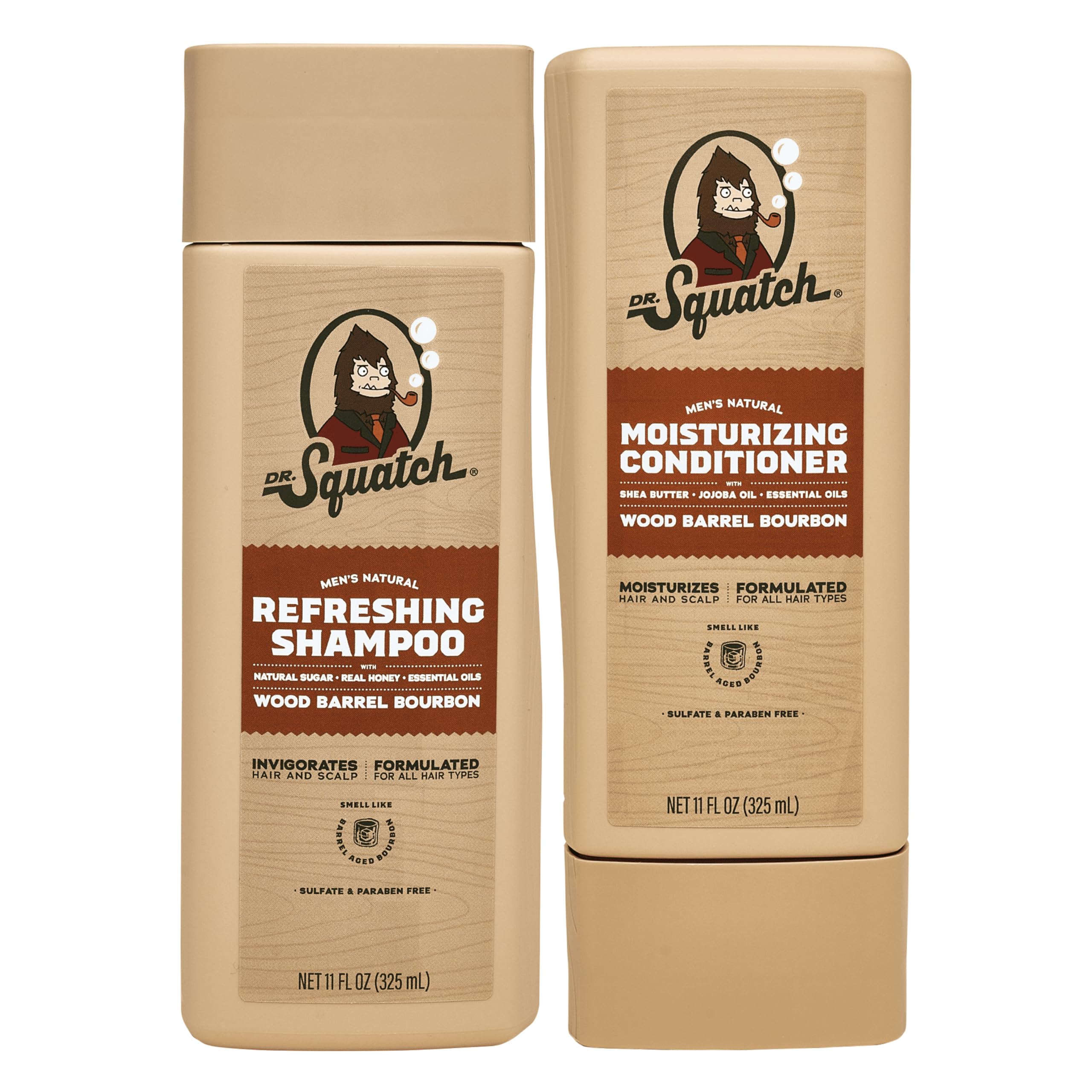 Dr. Squatch Natural Hair Bundle for Men - Healthy, Full Looking Hair - Wood Barrel Bourbon Shampoo (11 fl oz), Wood Barrel Bourbon Conditioner (11 fl oz)