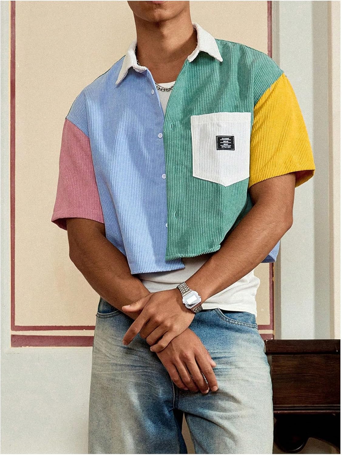 GORGLITTER Men's Striped Cropped Shirt Button Down Cool Short Sleeve Colorblock Collar Casual Streetwear Crop Top Tee - Image 4