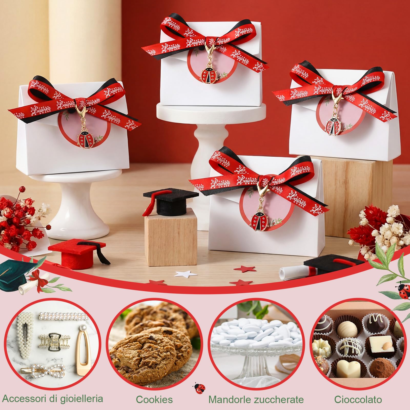 BBTO Bomboniere Laurea 30 Sets di Regalo Laurea Include Portachiavi Coccinella Portafortuna Scatoline Portaconfetti Nastro Rosso e Nastro Nero Bigliettini Bomboniere Fai-da-Te