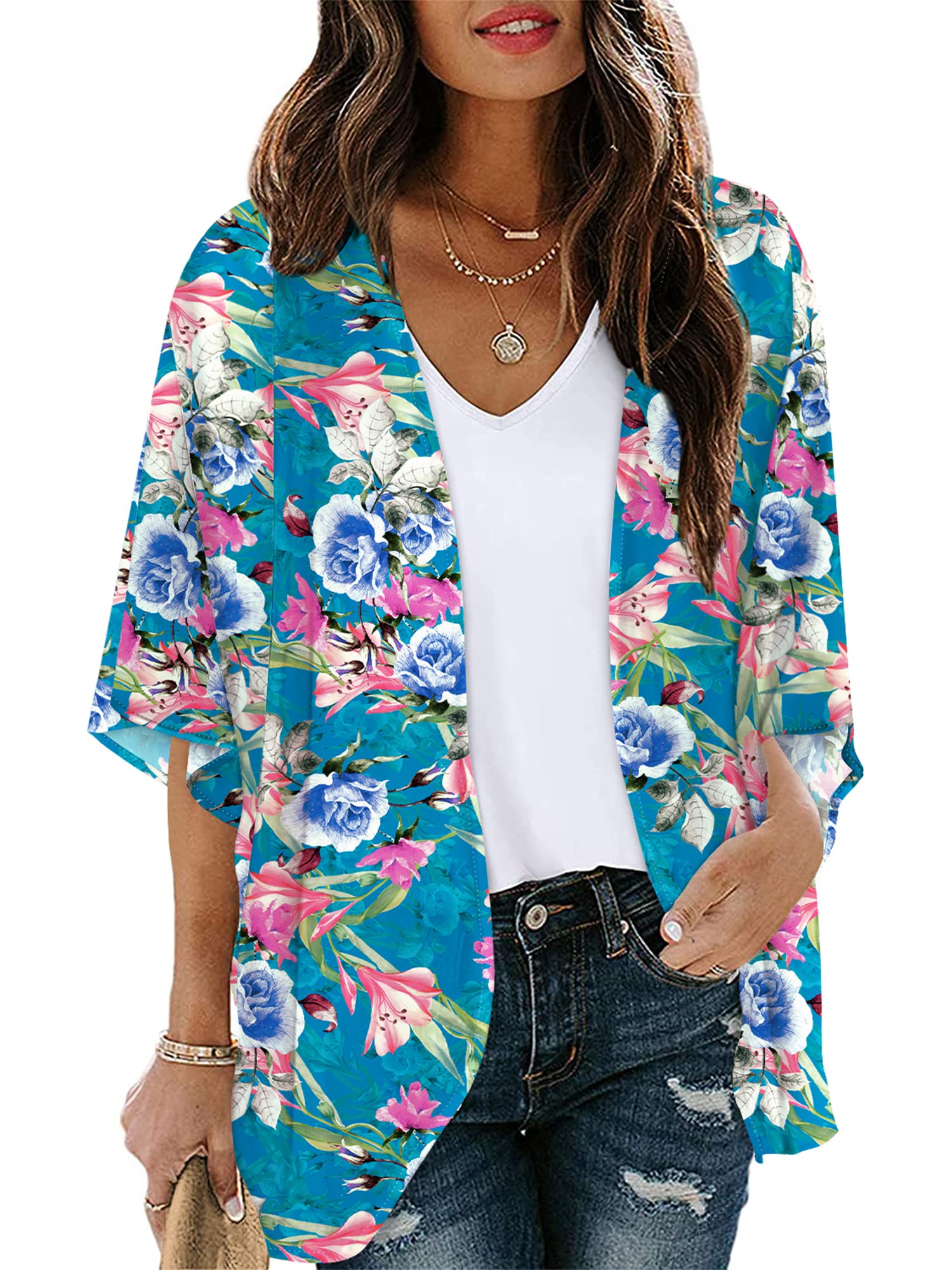 Chunoy Luźna turecka sukienka dla kobiet, luźna, lekka, oversize, kaftan, sukienka plażowa, sukienka maxi, Niebieski, kwiatowy wzór, M