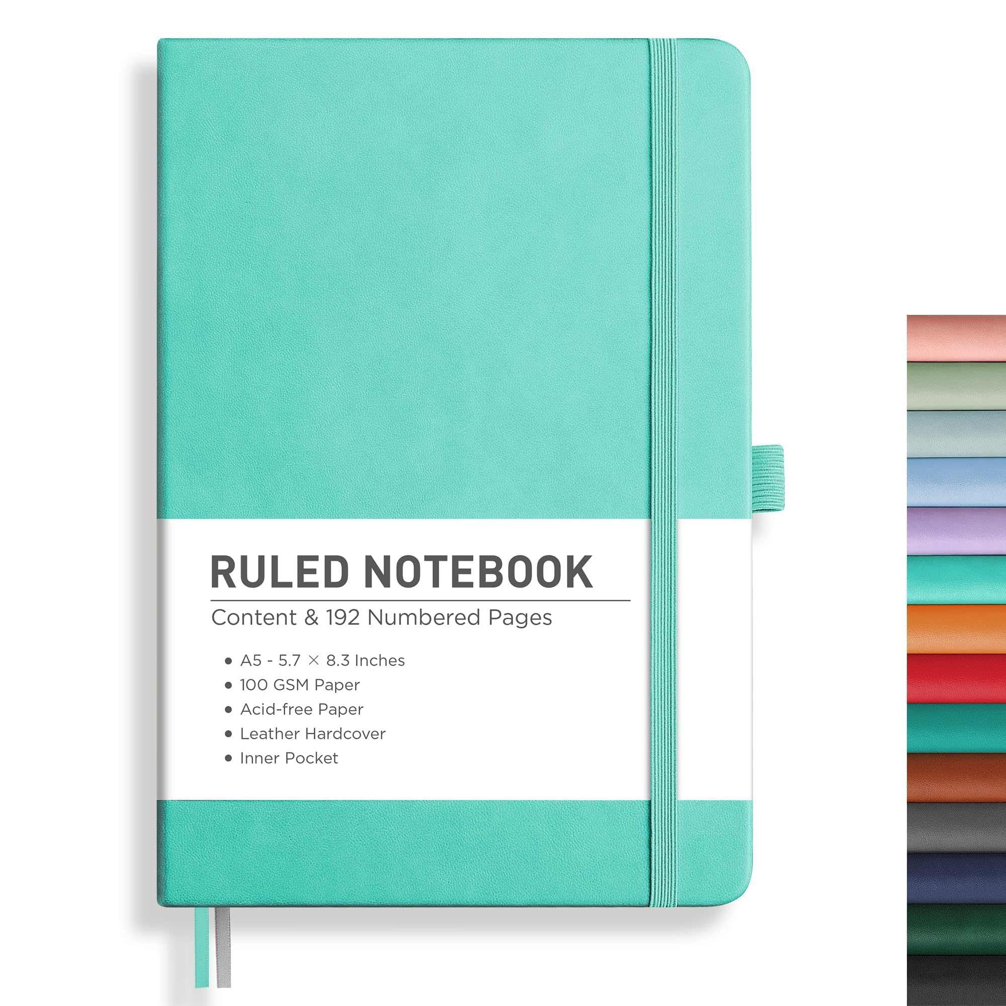RETTACY Lined Journal Notebook, 192 Numbered Pages, A5 Medium Size (5.7'' x 8.3''), for Men &amp; Women, Journaling, Writing, Work &amp; Office, Leather Hardcover, 100 GSM Thick Paper (Mint)