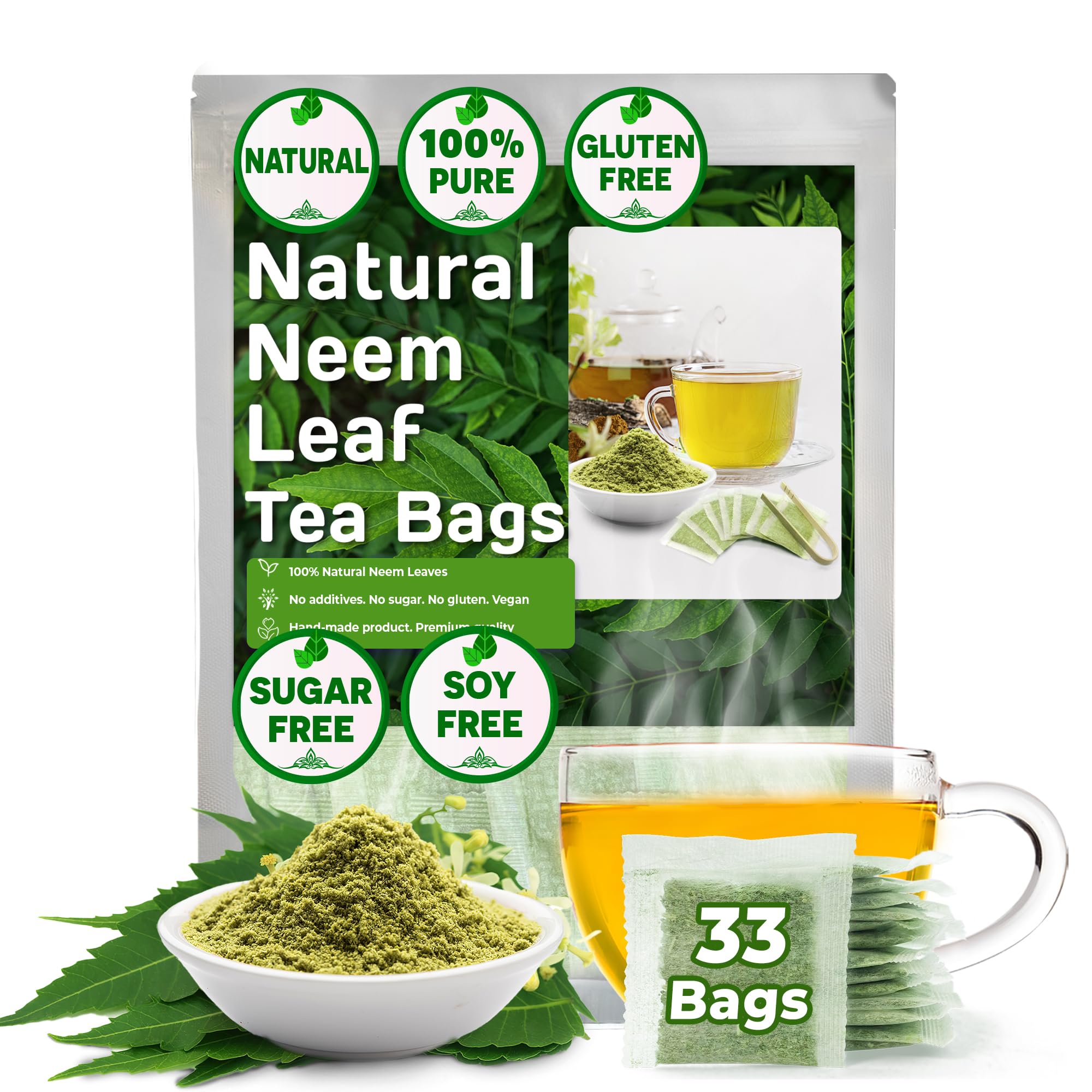 FreshDrinkUS, Premium 33 Neem Leaf Tea Bags, 100% Natural and Pure from Neem Leaves. Loose Leaf Neem Herbal Tea. Neem Leaf Tea. No Sugar, No Caffeine, No Gluten, Vegan.