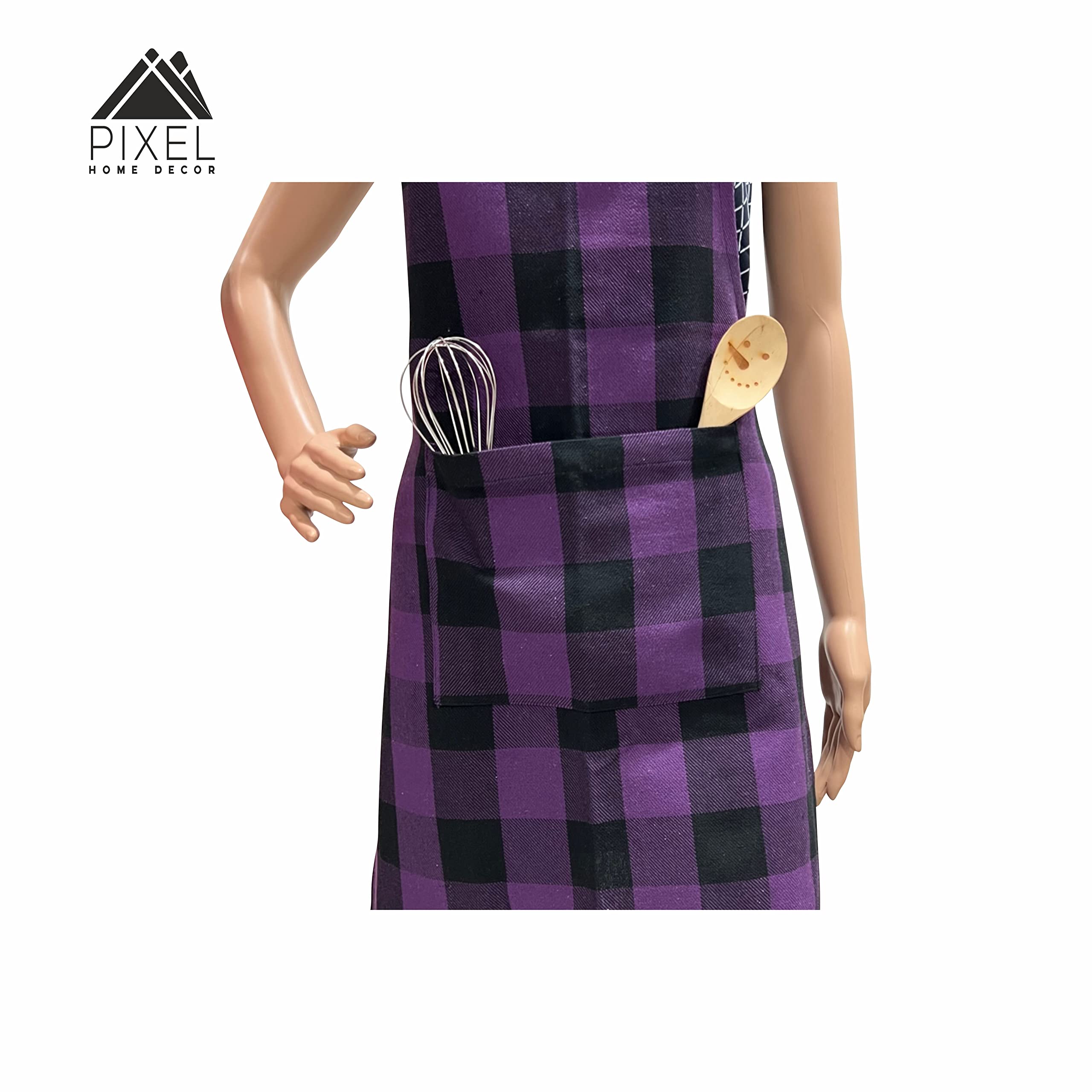 PIXEL HOME DECOR© Delantal de cocina de algodón con correa ajustable para el cuello y lazos con bolsillo central con gasa de algodón resistente y duradera
