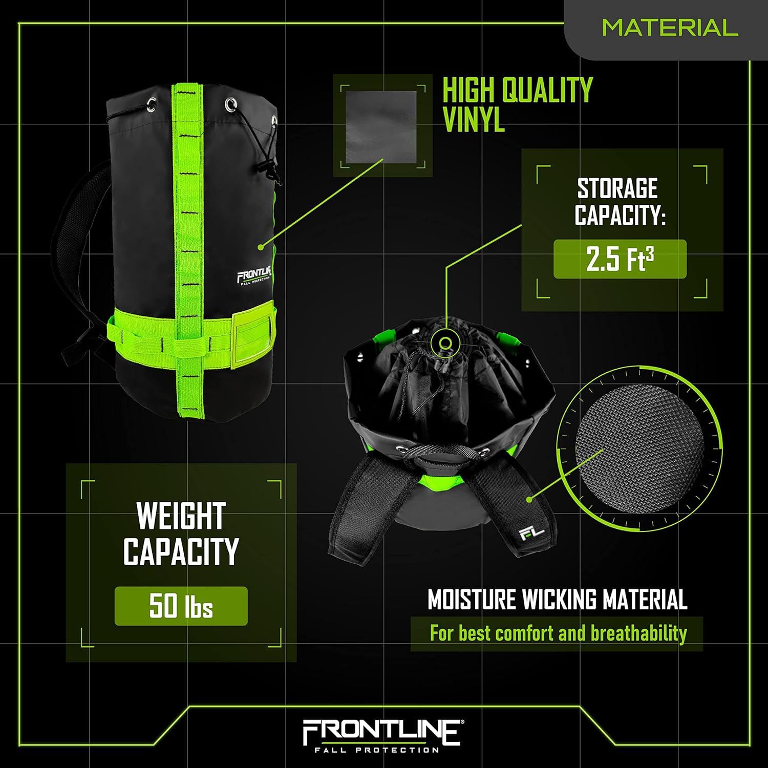 Frontline MPBAG50 Fall Protection for Tools and Storage Vinyl Bag | 6 tethering points inside the bag | lightweight and of moisture wicking material | Weight Capacity: 50 lbs | OSHA and ANSI Compliant