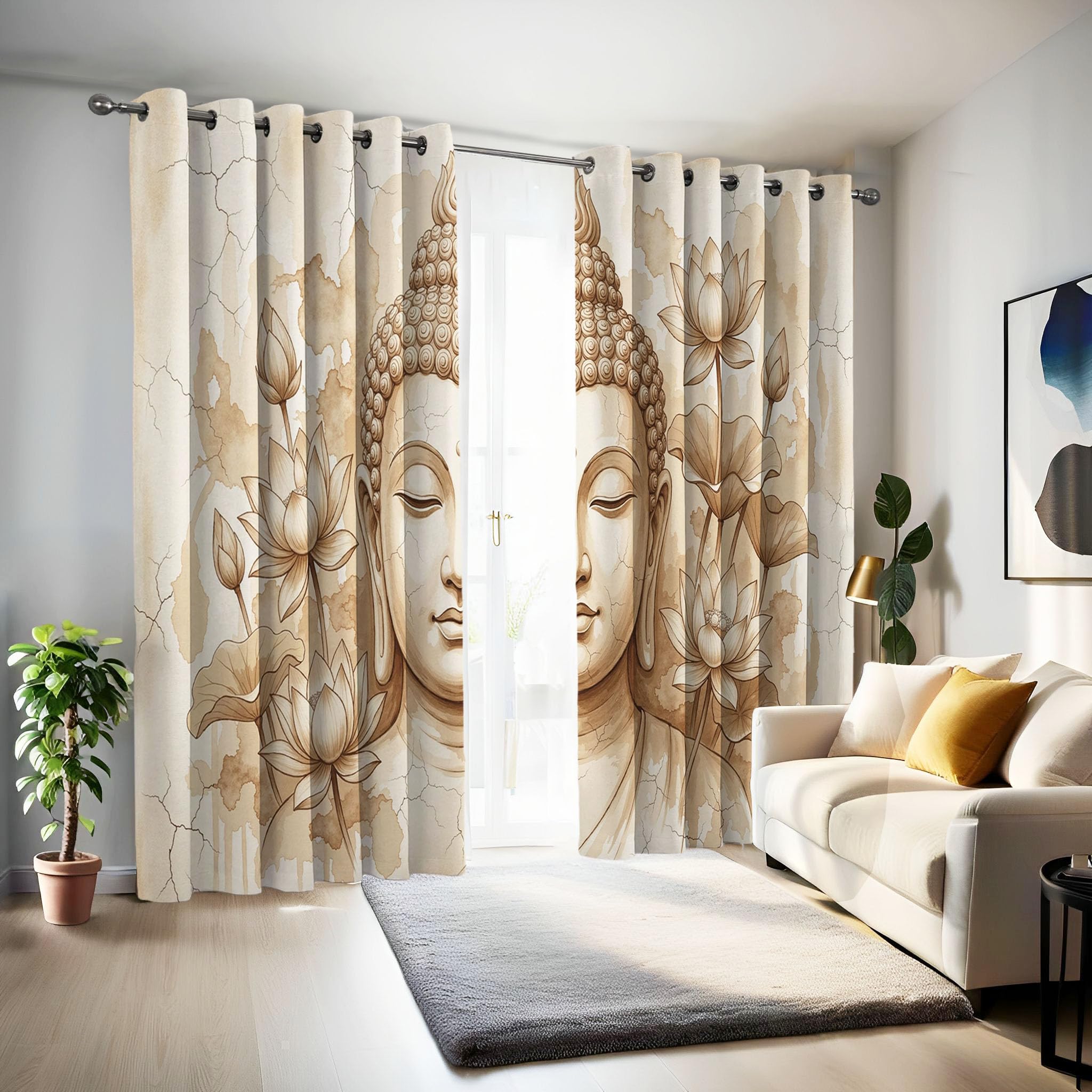 140 X 240 cm Tende da Zen disegnato a mano 2 pannelli | ragazzi bambini Silhouette Crepe motivo del fiore loto della statua del Buddha per ragazzi adolescenti, tendaggi per finestre Albicocca chiara