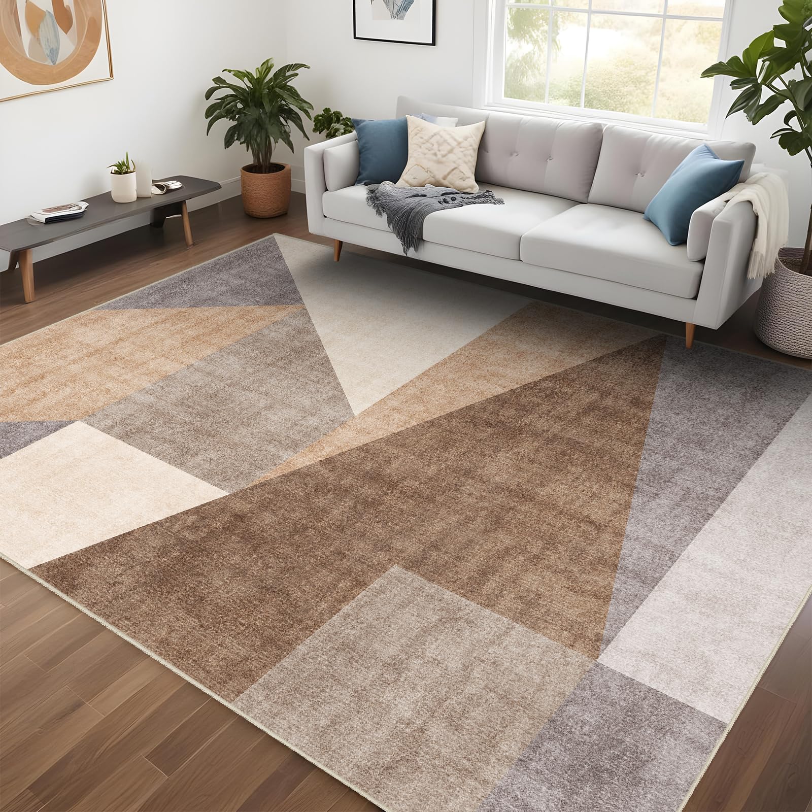 Puino Washable Modern Area Rug: 6x9 Geometric Area Rugs for Living Room & Bedroom with Non-Slip Backing Modern Geometric Carpet for Living Room Brown