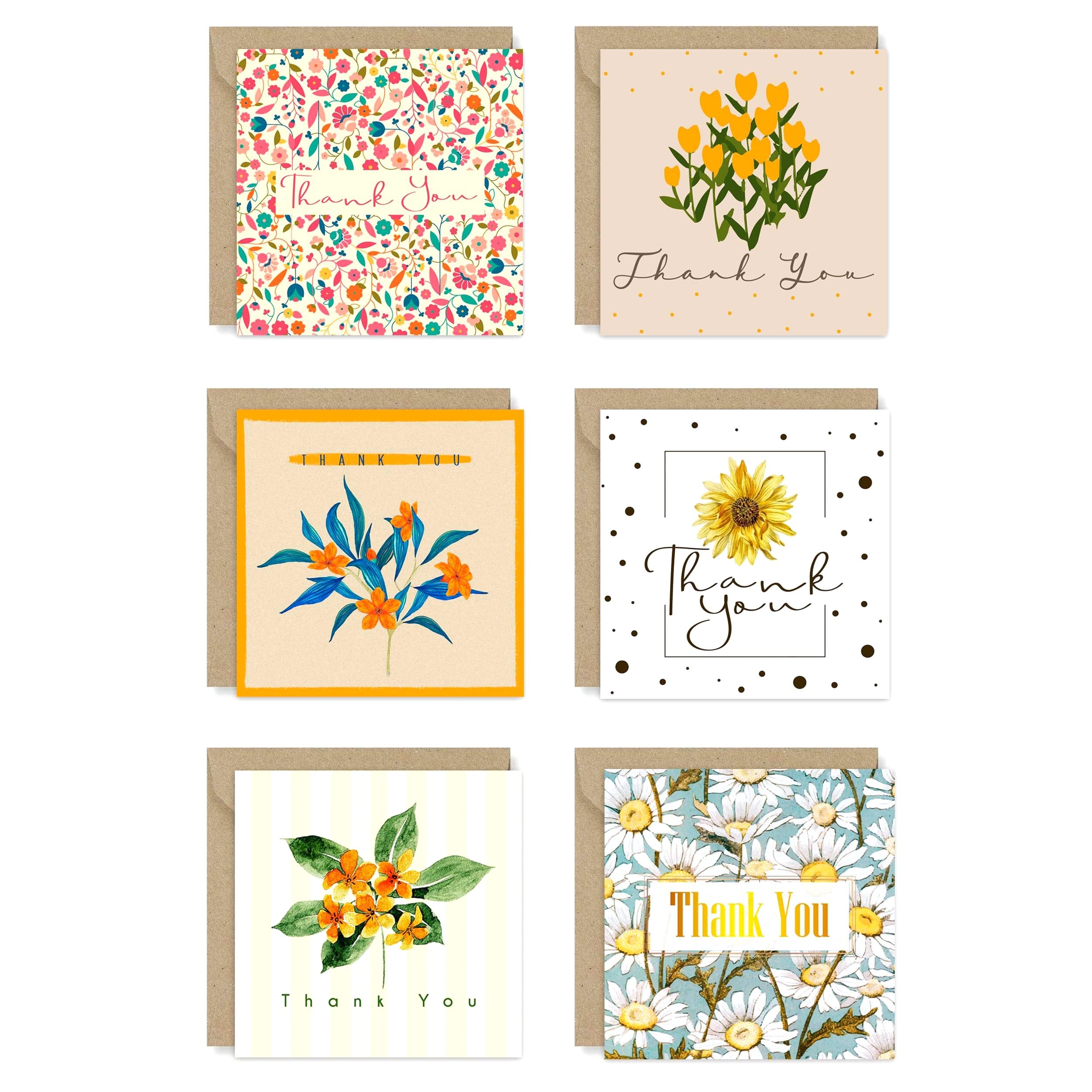 Giftinghouse 12 Thank You Cards Multipack with Envelopes - 6 Flower Designs - Greeting cards for teachers, weddings, and kids Fully recyclable and Eco-friendly - MADE IN UK