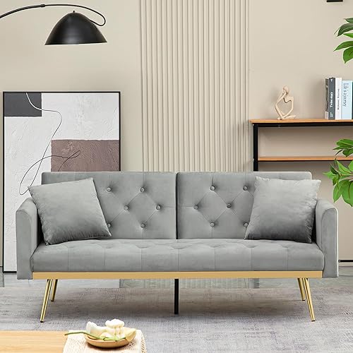Moderno sofá cama futón de terciopelo con 2 almohadas, sofá biplaza convertible 2 en 1 con patas de metal dorado, sofá reclinable plegable de 77