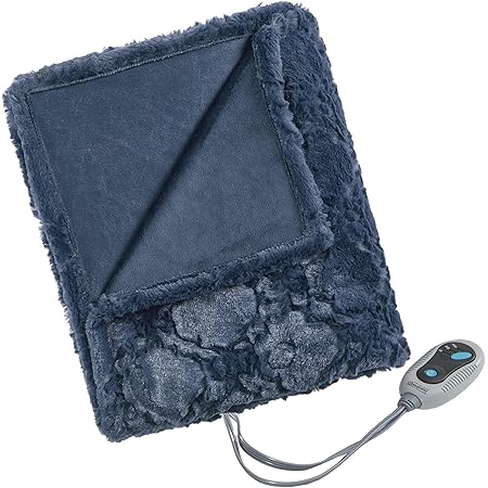 Beautyrest Brushed Long Fur Electric Throw Blanket Ogee Pattern Warm and Soft Heated Wrap with Auto Shutoff, 50x60, Sapphire Blue