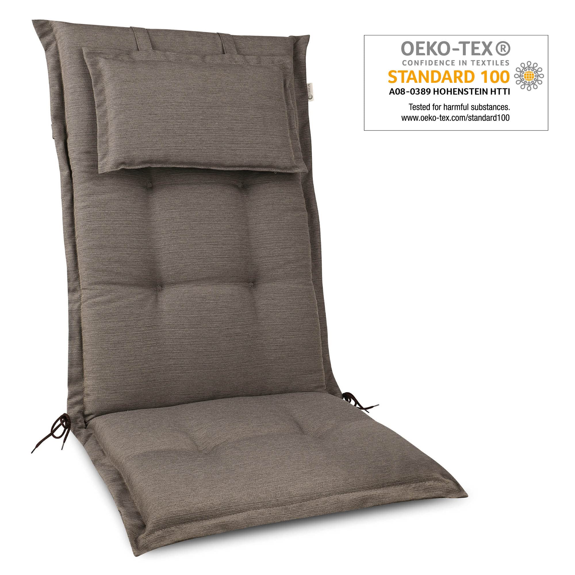Beautissu Zestaw 4 poduszek Premium na krzesła ogrodowe z wysokim oparciem 120x50x7cm Gruba poduszka na krzesło ogrodowe z wysokim oparciem Made in EU - wytrzymała tkanina i odporność na promieniowanie UV HighLux HL Seat Cushion Taupe