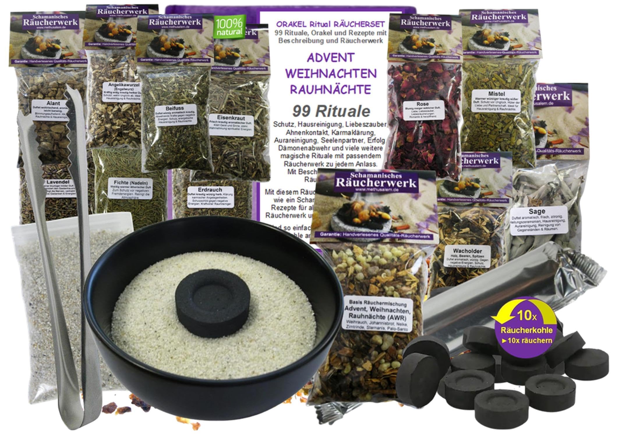 RAUHNÄCHTE räuchern 20-TLG Räucherset 99 Rauhnacht Rituale 12x Räucherwerk für Hausreinigung ORAKEL Schutz Advent Weihnachten... Mit RÄUCHERSCHALE Zange Kohle 8X ZUBEHÖR Täschchen 81900-24SZ
