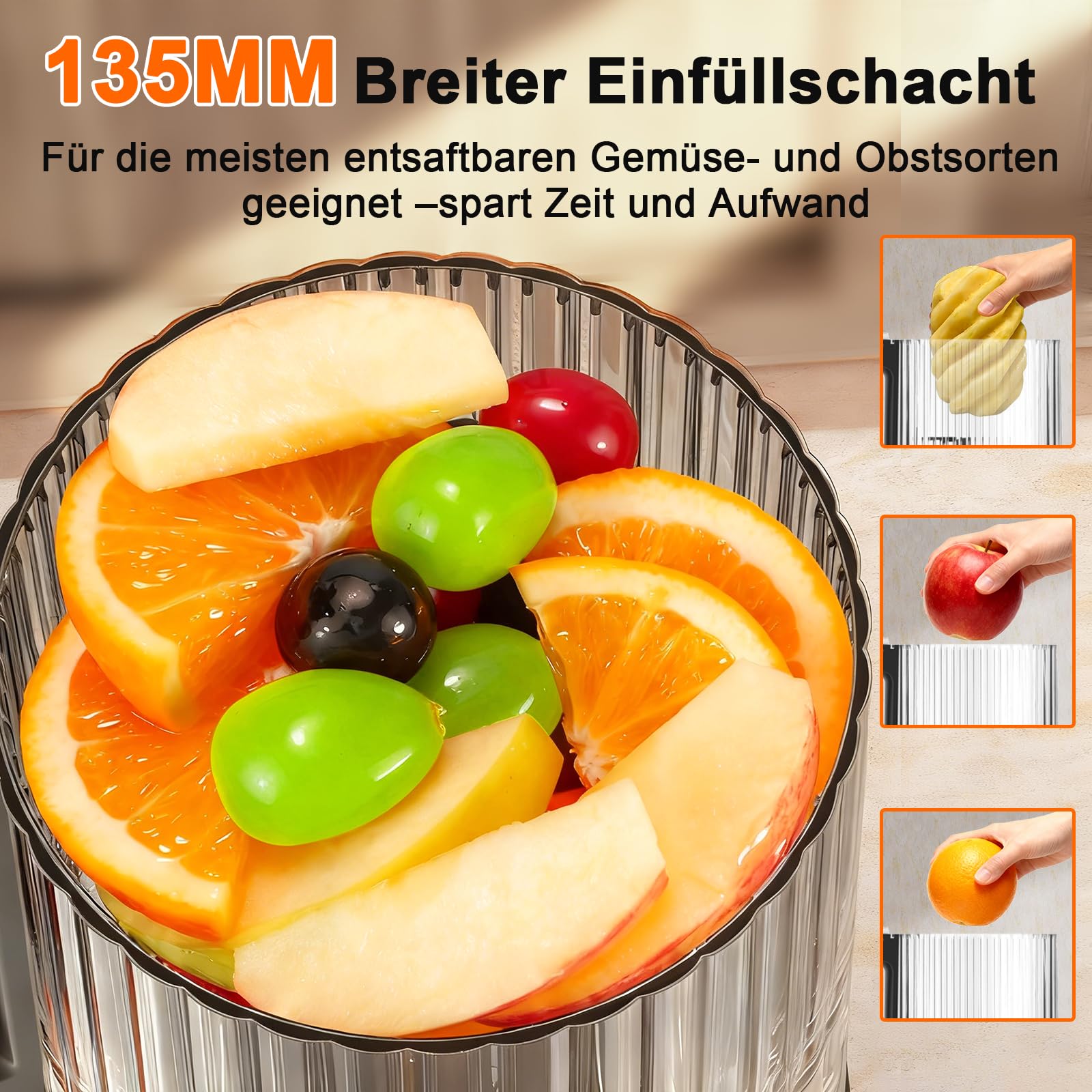 AHJ Entsafter Slow Juicer, 135mm Große Einfüllöffnung,100% BPA-frei, Kaltentsafter für Ganzes Obst & Gemüse, Einfach zu Reinigen,2 Trinkgläser Inklusive, Ideal als Hochzeits- und Geburtstagsgeschenk