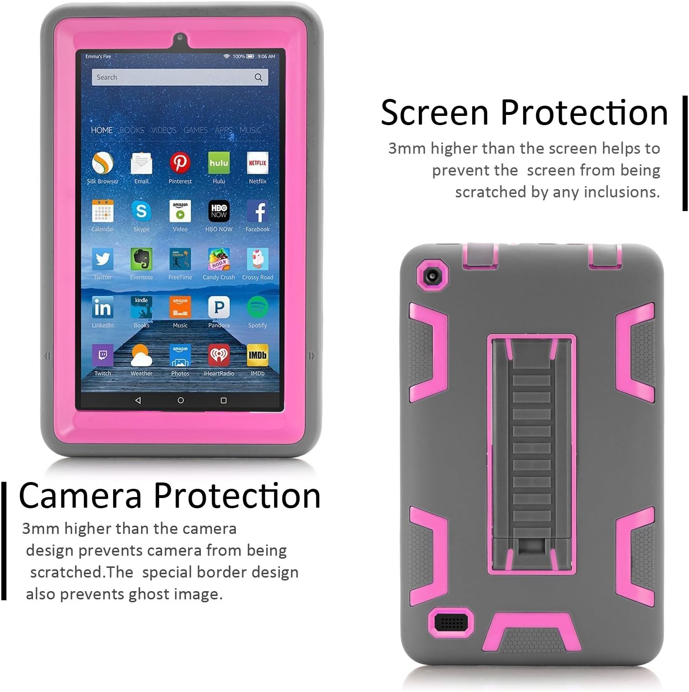 TOPSKY Fire 7" (2015 Release) Case,[Kickstand Feature],Shock-Absorption / High Impact Resistant Heavy Duty Armor Defender Case for Amazon Fire 7 Inch Tablet,with Stylus, Grey/Pink