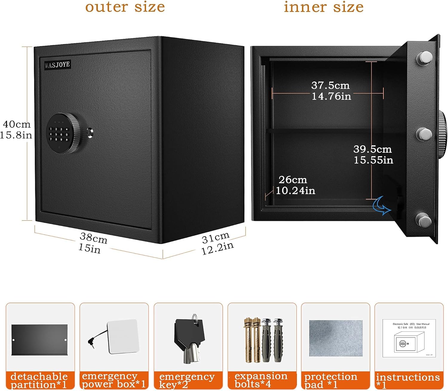 Flаѕh Sаlе WASJOYE Security Safe Cash Box with Double Digital Keypad Safety Key Lock for Home Business Office Hotel Money Document Jewelry Passport Cabinet (15 x 12.2 x 15.8 Inch)