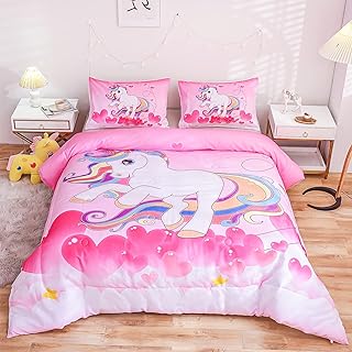 Unicorn Bed Set Twin for Girls Pink Rainbow Unicorn Comforter Set 3 Pieces Soft Brushed Microfiber Kids Unicorn Bedding Comforter Set for Girls Boys with 2 Pillowcase All-Season