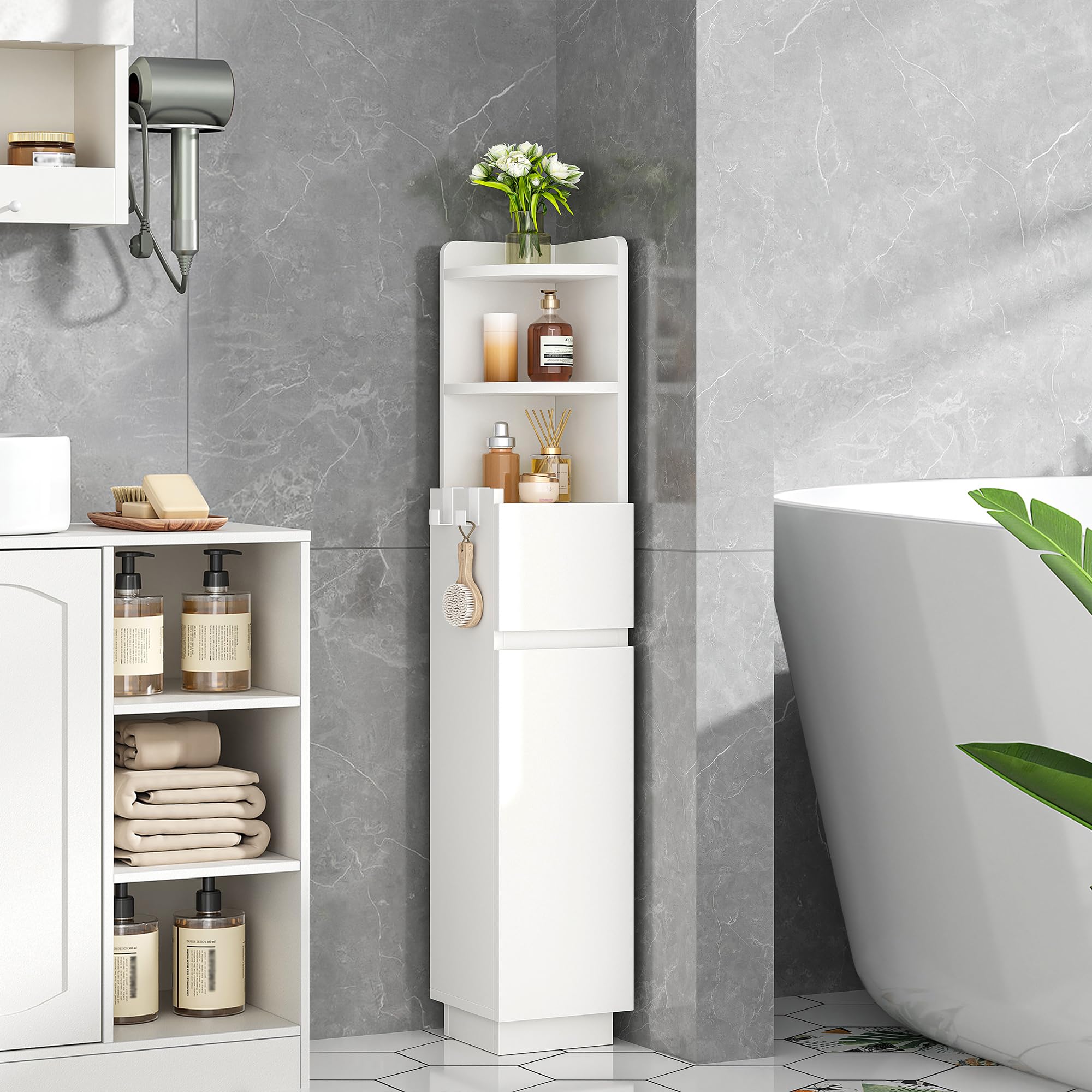HEXCELEN Meuble de Salle de Bain, Armoire de Salle de Bain d'angle, Blanc | Armoire de Toilette, 20 x 20 x 98 cm, Étagères Réglables, 1 tiroir et 2 Compartiments Ouverts, Meuble Colonne sur Pied