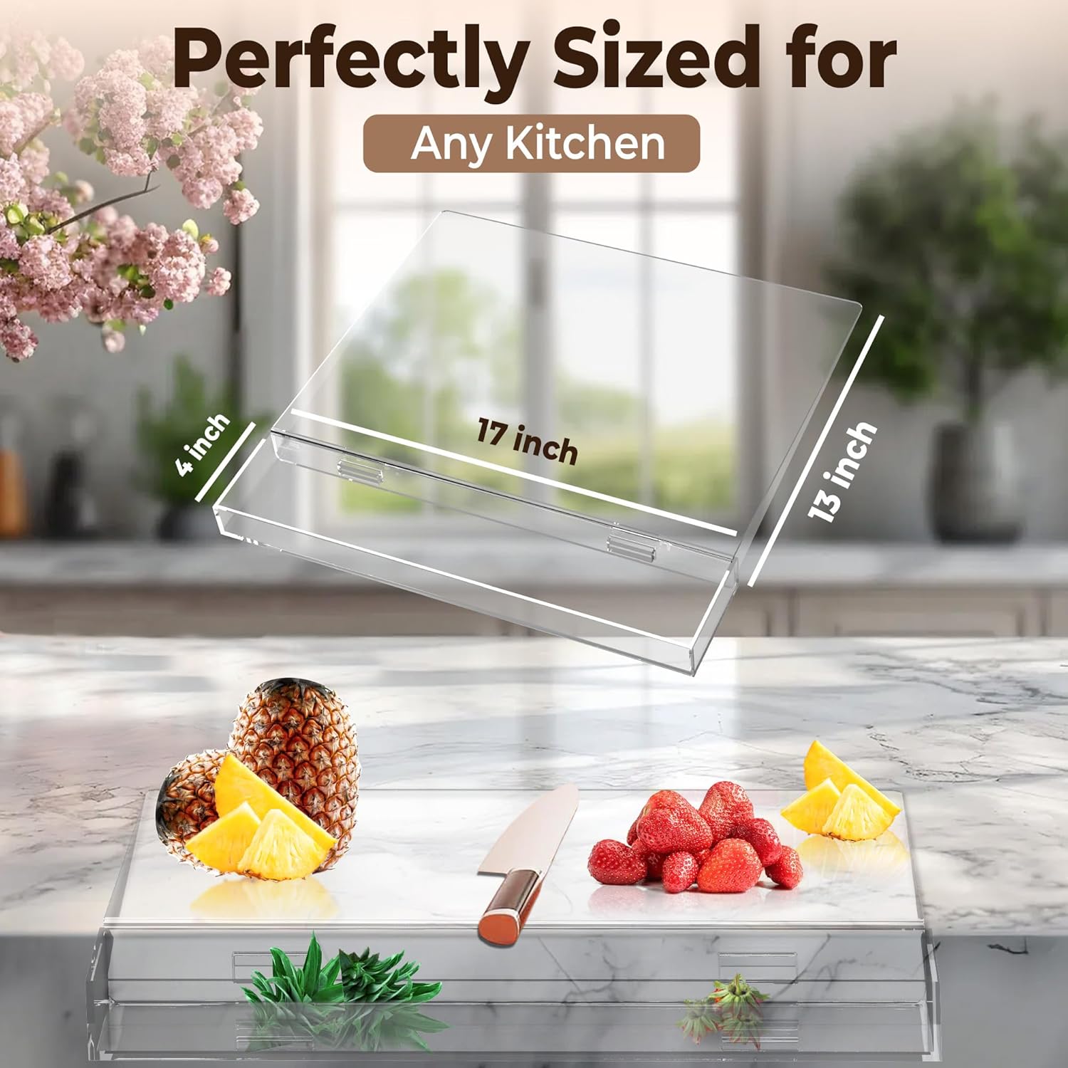 Slice & Toss Acrylic Cutting Board with Counter Lip & Removable Scrap Bin, Clear Kitchen Chopping Board - Large Non-Slip Cutting Boards Essentials for Kitchen, Restaurant & Home (17" x 13.2" x 1.34")
