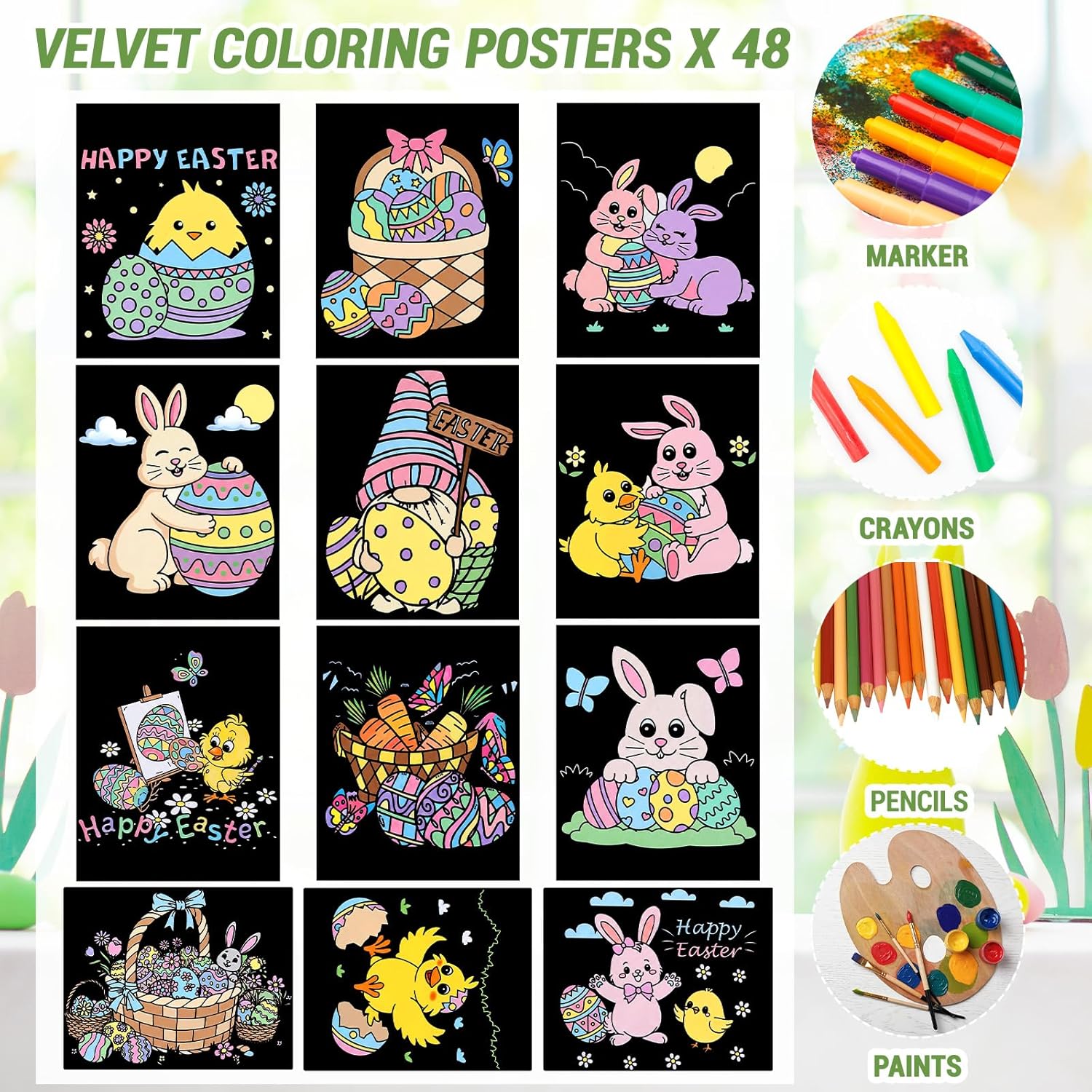 Moinchore 48 Pcs Easter Velvet Coloring Posters Fuzzy Felt Coloring Pages Crafts for Adults Teenagers Classroom Holiday Arts Crafts Activity Party