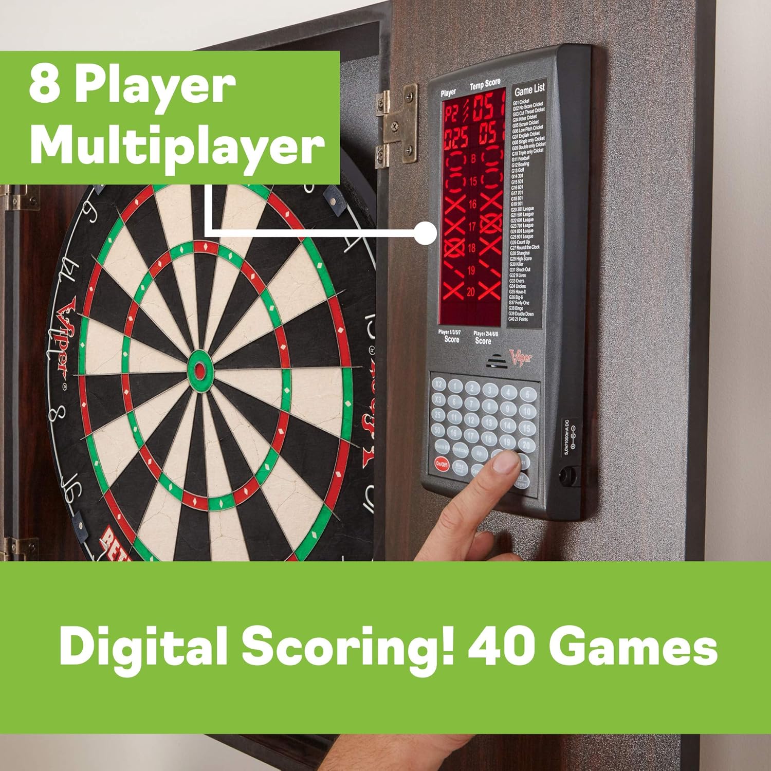 Viper Vault Deluxe Dartboard Cabinet with Integrated Pro Score, AIM 360 Sisal Dartboard, Laser Dart Throw Line, Shadow Buster, and Black Mariah Steel Tip Darts, Mahogony Finish : Sports & Outdoors