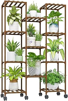 Bamworld Plant Stand With Wheels Indoor Outdoor Wood Plants Shelf for Multiple Plants 11 Pots,Tall Large Flower Holder for Li