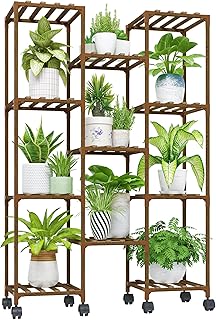 Bamworld Plant Stand With Wheels Indoor Outdoor Wood Plants Shelf for Mu...