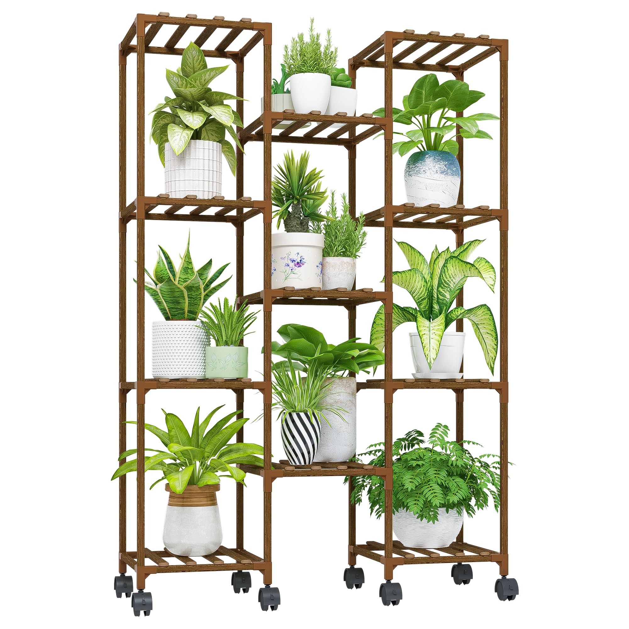 Bamworld Plant Stand With Wheels Indoor Outdoor Wood Plants Shelf for Multiple Plants 11 Pots,Tall Large Flower Holder for Living Room, Patio, Balcony, Garden