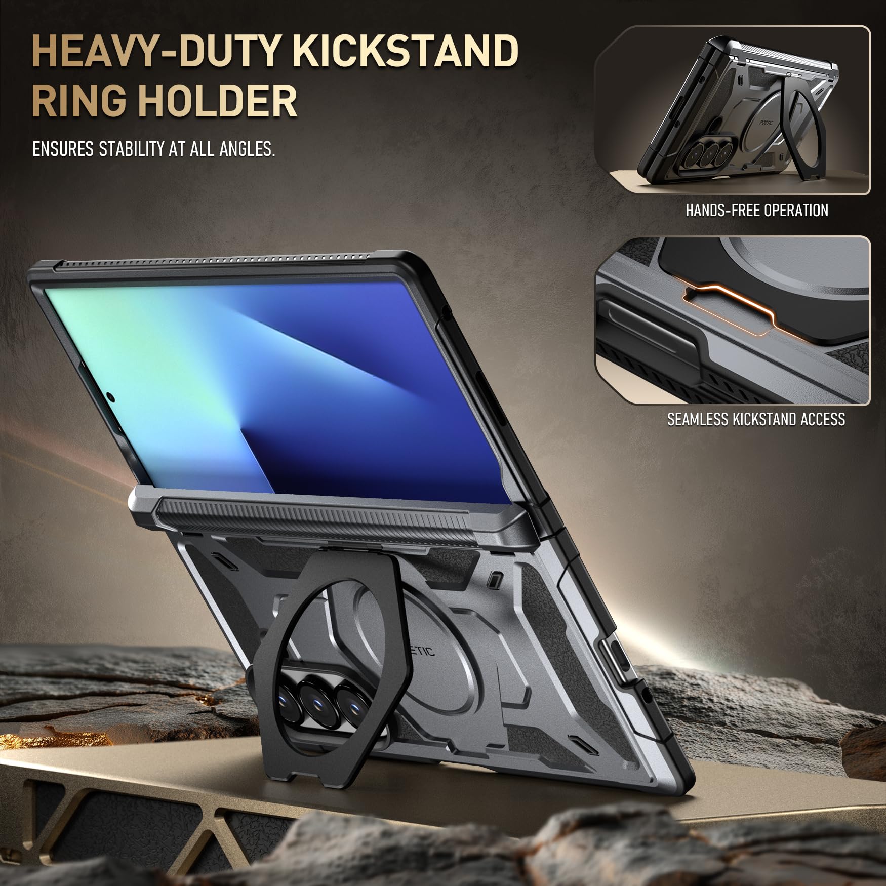 Poetic Spartan - Custodia per Samsung Galaxy Z Fold 7, protezione con cerniere, supporto regolabile con anello magnetico, pellicola protettiva integrata, compatibile con MagSafe, robusta custodia per