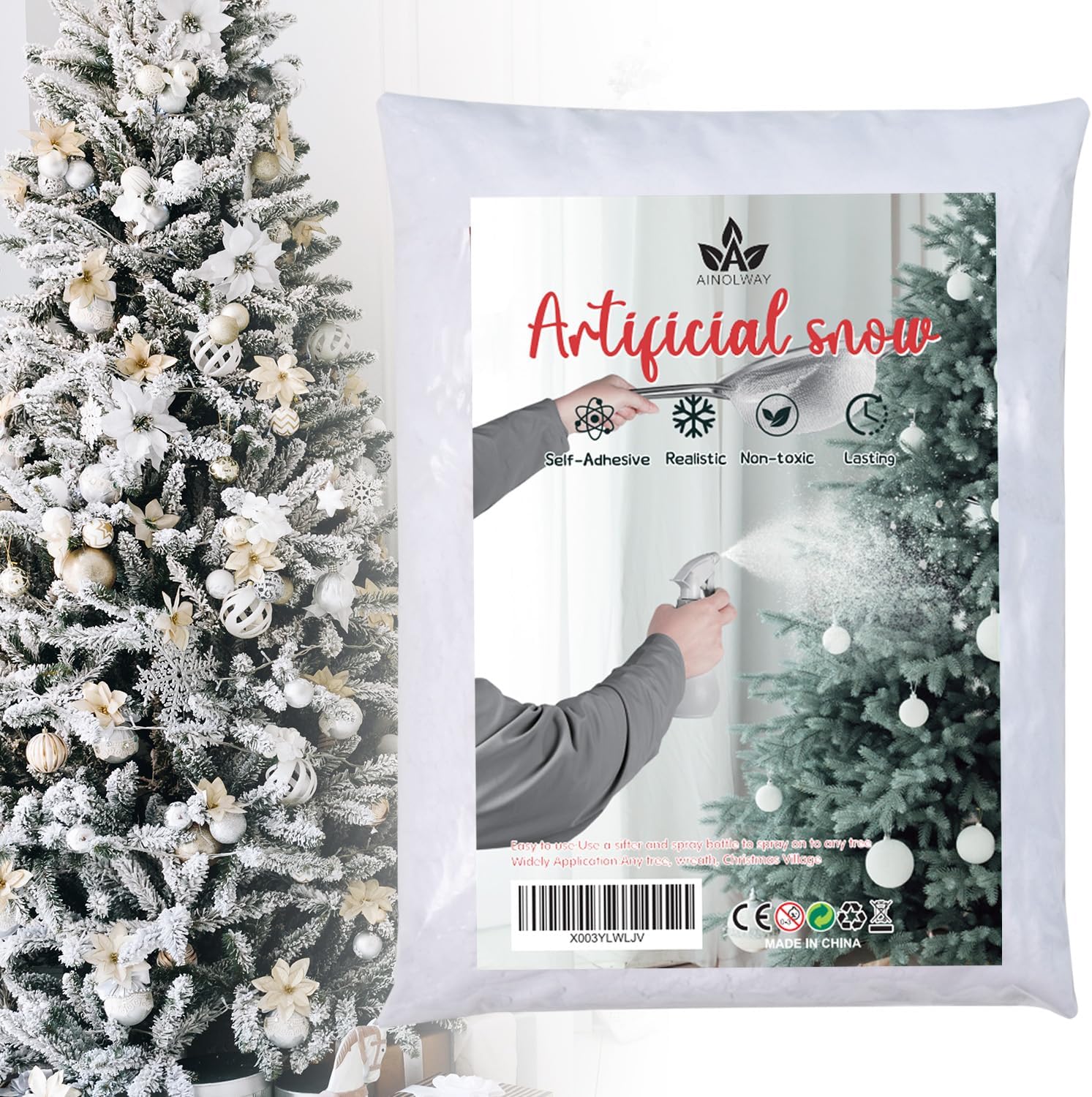 A AINOLWAY Self-Adhesive Snow Flocking Powder - 1.5 Pounds Fake Christmas Snow Artificial Snow Flock for Chrismas Tree, Wreaths, Garland, Village Display, Winter Xmas Decorations