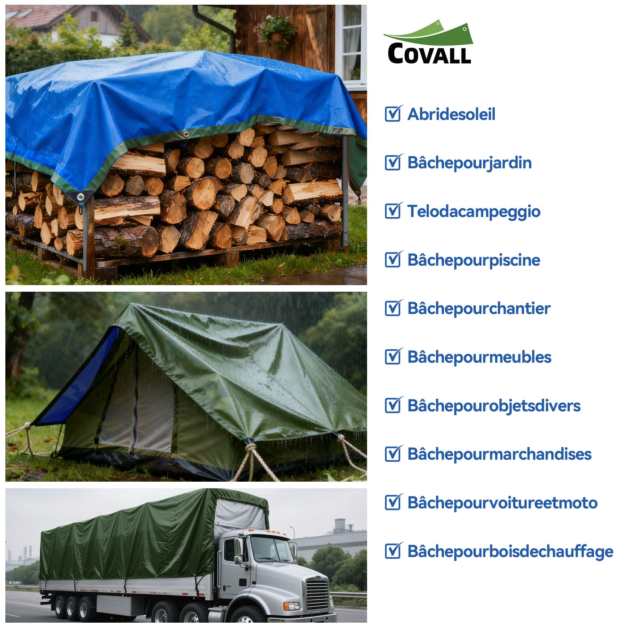 Bâche imperméable extérieure 6mx8m,75g/m²Multifonction pour Camion | Résistant UV et déchirure, œillets métalliques antirouille, vert & bleu, polyvalent pour voiture, jardin, camping