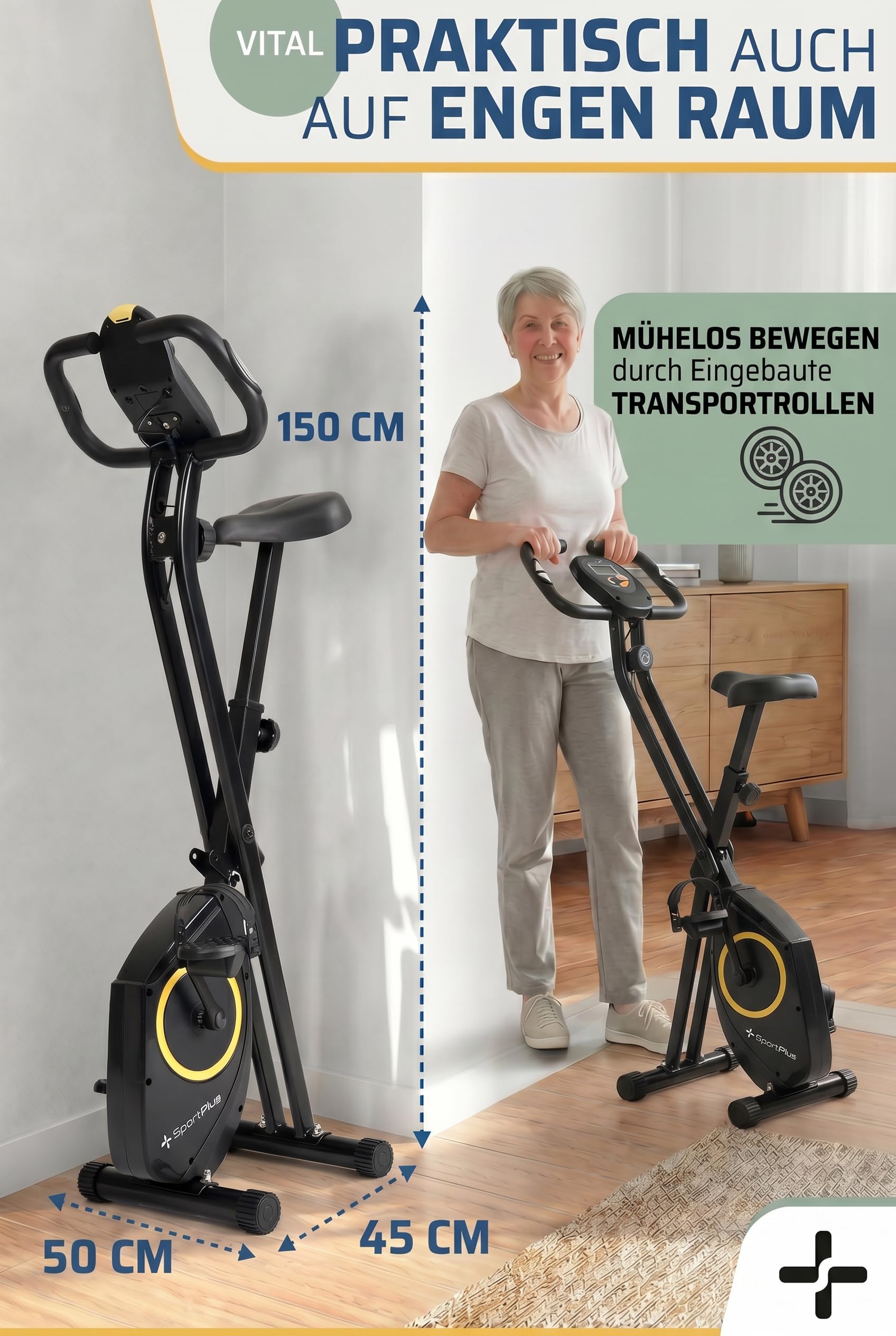 SportPlus Heimtrainer Fahrrad klappbar - Hometrainer Fahrrad klappbar - extra leiser Heimtrainer für zuhause - Indoor Bike Platzsparend & Faltbar Fitnessbike App kompatibel