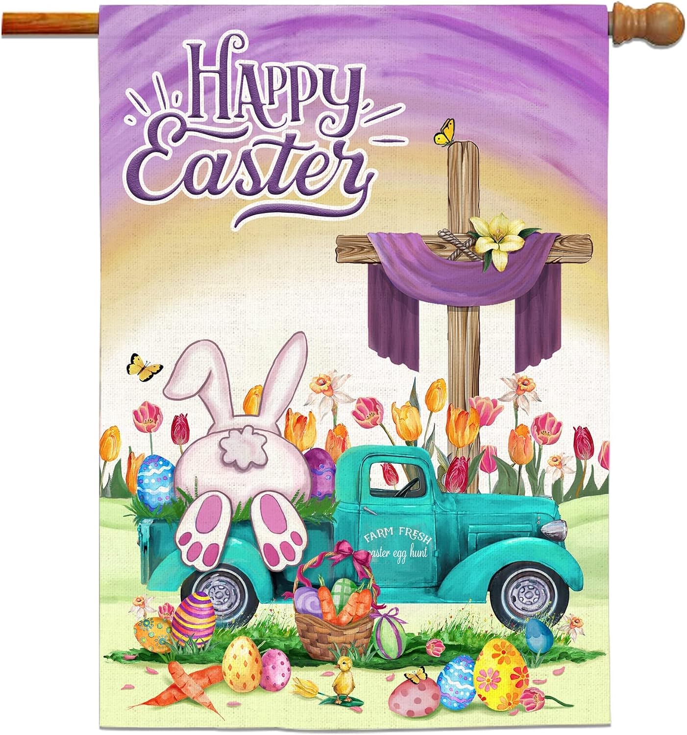Easter Flag, Happy Easter Flags for Outdoors 28 x 40 Double Sided, Easter Bunny Eggs with Blue Truck Tulip Flowers Burlap House Flag, Holiday Spring Garden Yard Lawn Signs for Home Outside