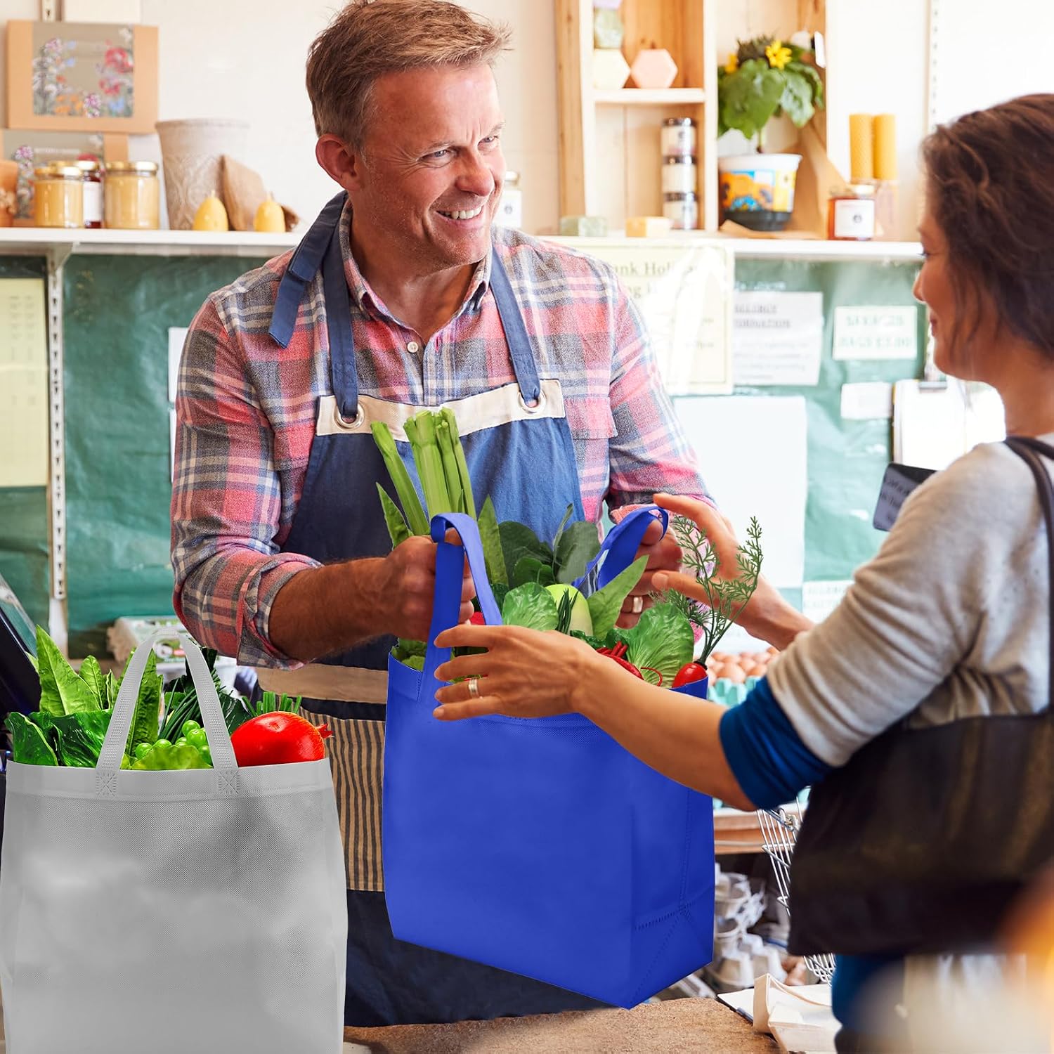 Reginary 100 PCS Reusable Totes Bags - Non Woven Grocery Handle Bags for Shop Events & Retail Store (Blue & Gray)